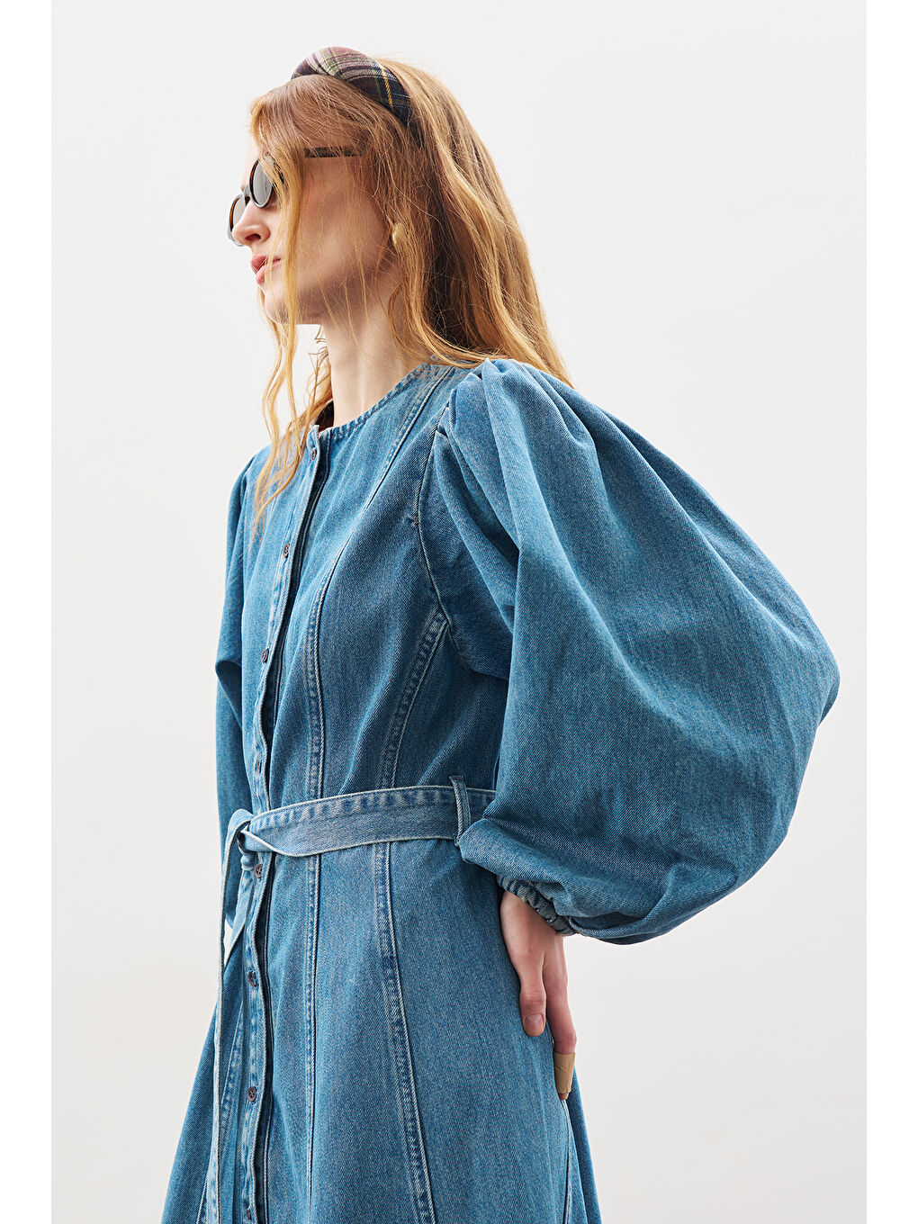 Geniş Kollu Denim Elbise Mavi-4