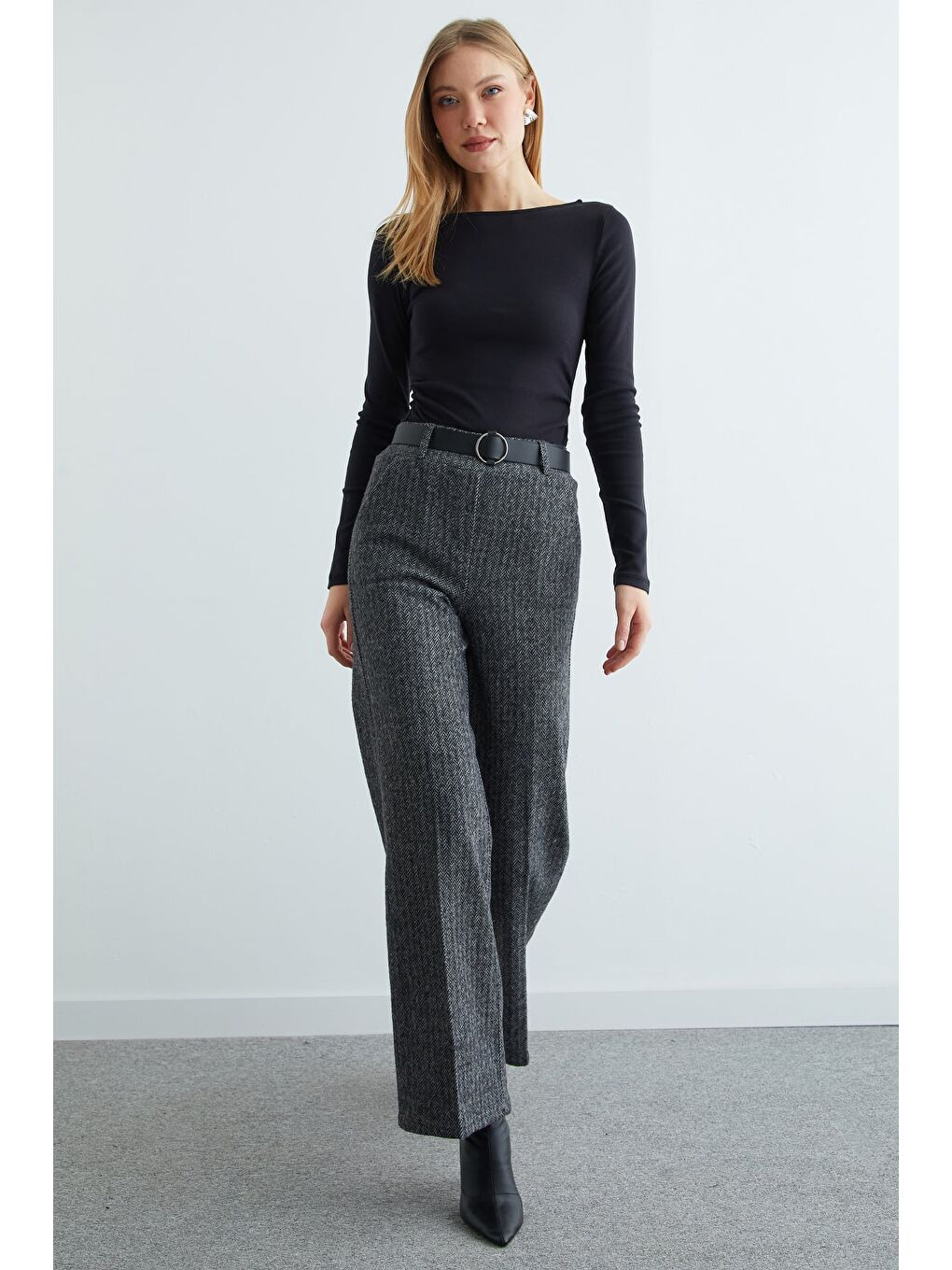 Gri Kemerli Balıksırtı Palazzo Pantolon-4