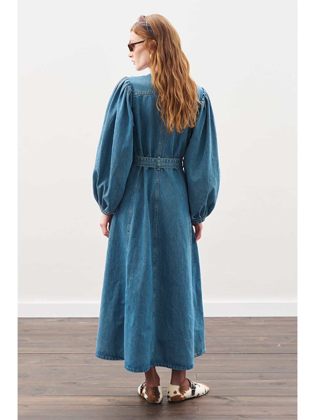 Geniş Kollu Denim Elbise Mavi-5