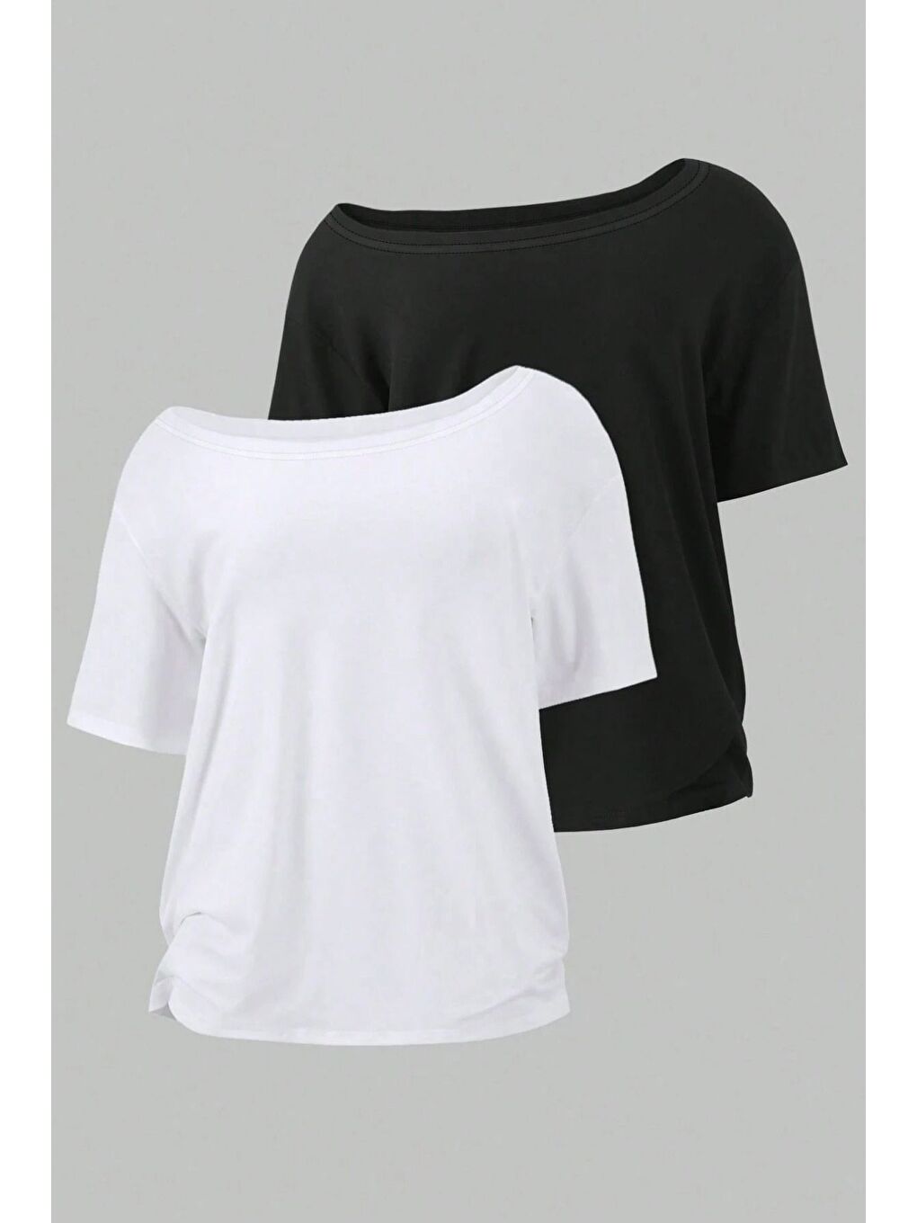 Karışık Siyah Beyaz 2li paket Kadın Düşük Omuz Kayık Yaka Oversize T-Shirt
