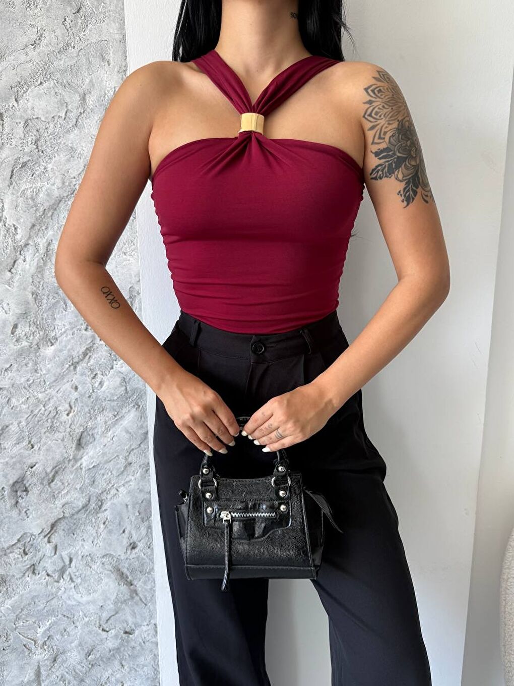 Bordo Sandy Kumaş Yaka Detay Bluz-2