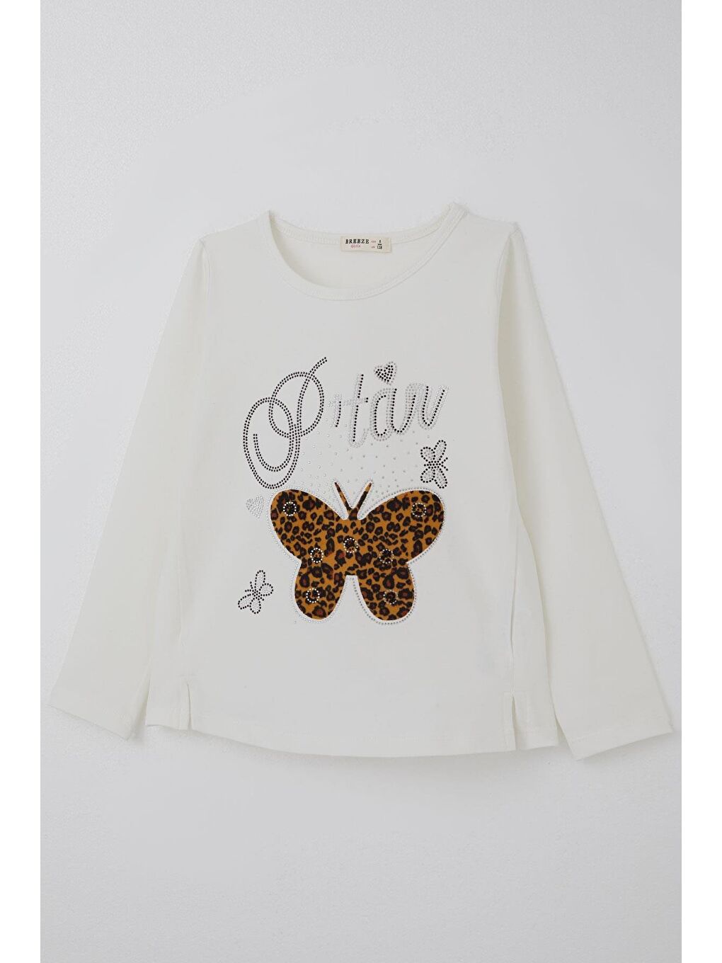 Kız Çocuk Uzun Kollu Tişört Leoparlı Kelebek Armalı Taşlı Yazı Baskılı Ekru (6-12 Yaş)-2