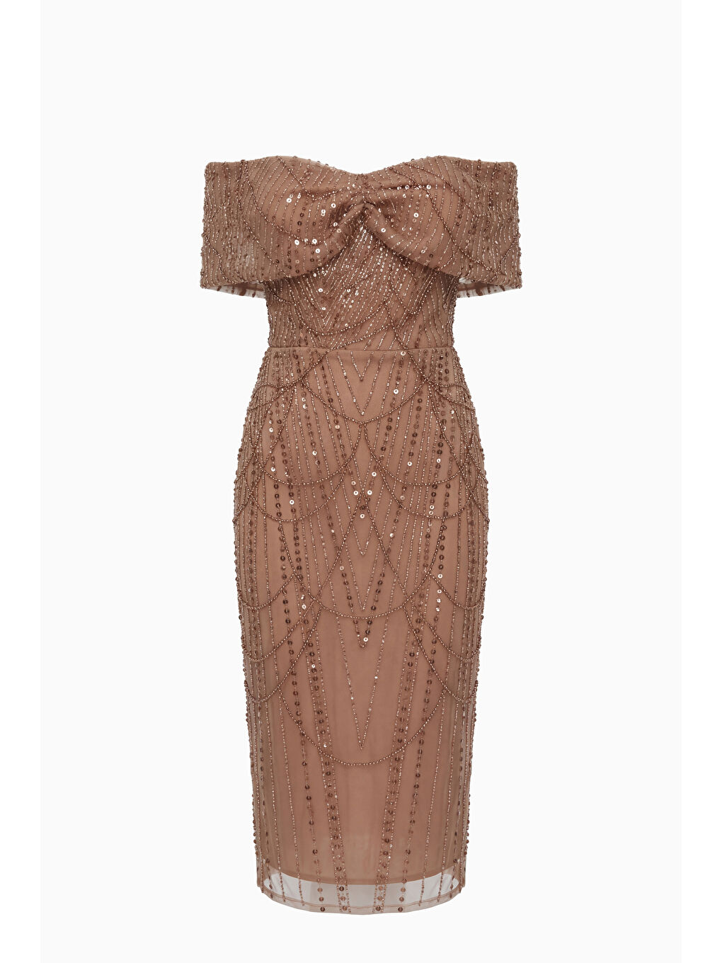 Kahverengi Kadın Taba Kayık Yaka Boncuklu Midi Abiye Elbise-5