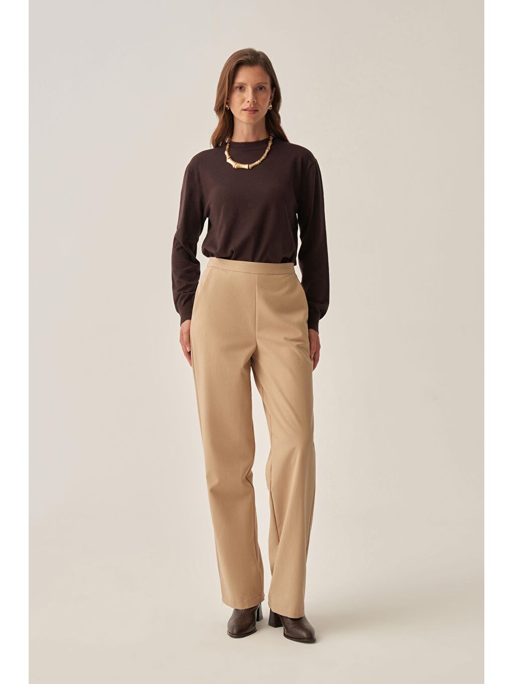 Bej-Dökümlü İnterlok Ofis Pantolon