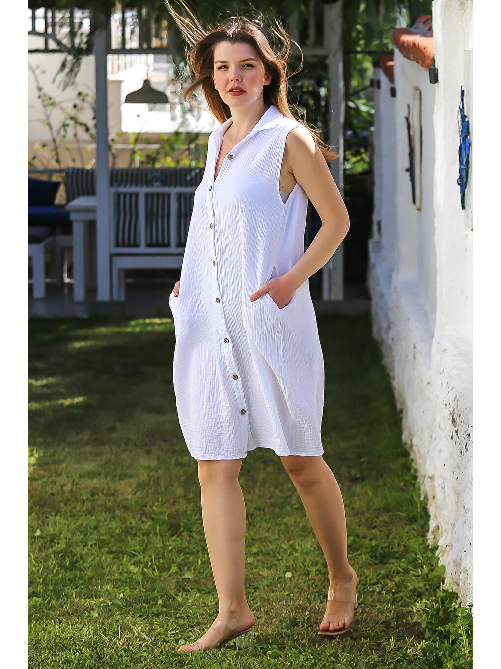 Beyaz Gömlek Yaka Kolsuz Düğmeli Cepli Yıkamalı Casual Müslin Dokuma Elbise 105 60-3