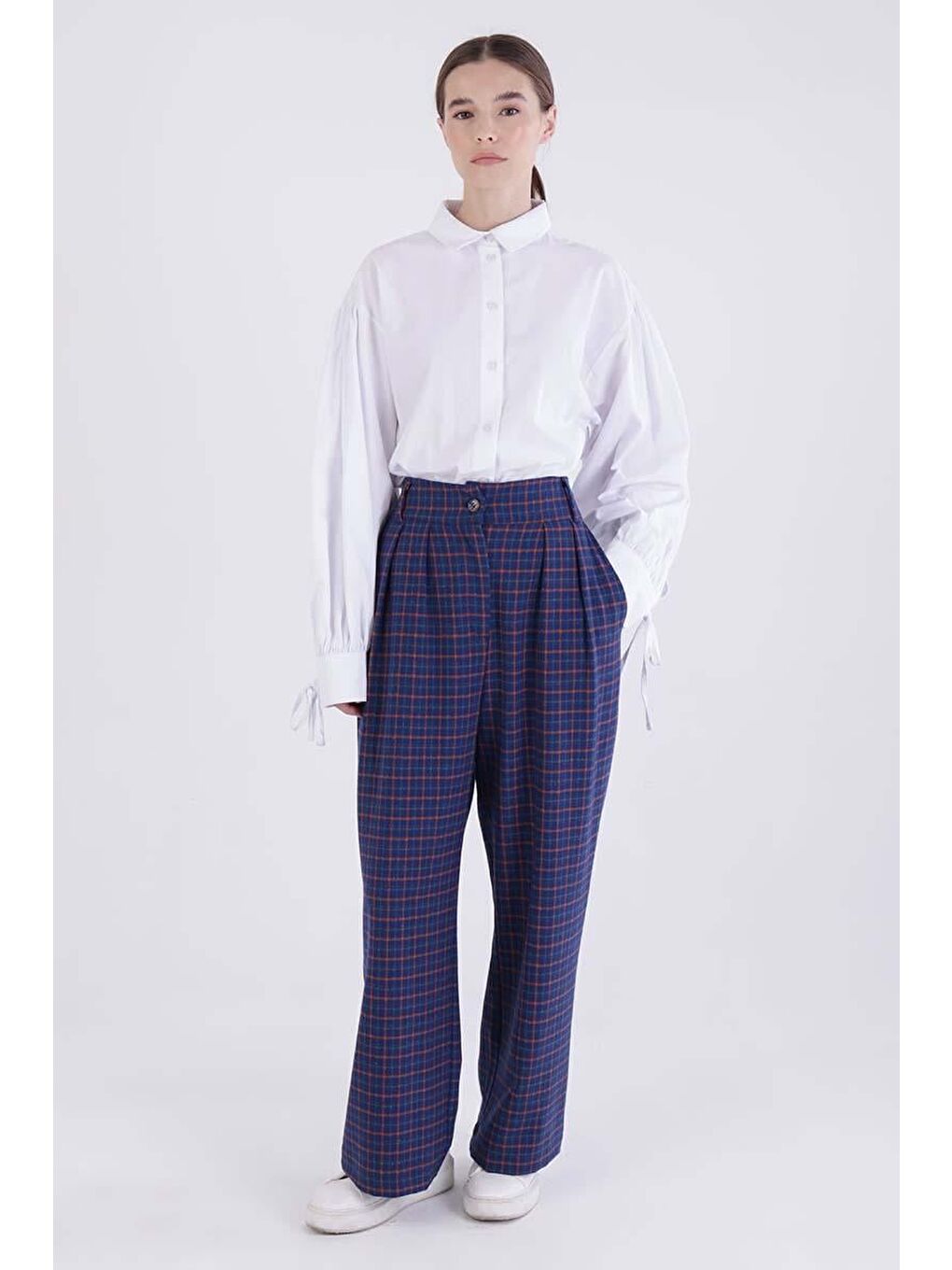 Lacivert-Turuncu-Pileli Ekose Desenli Palazzo Pantolon-1