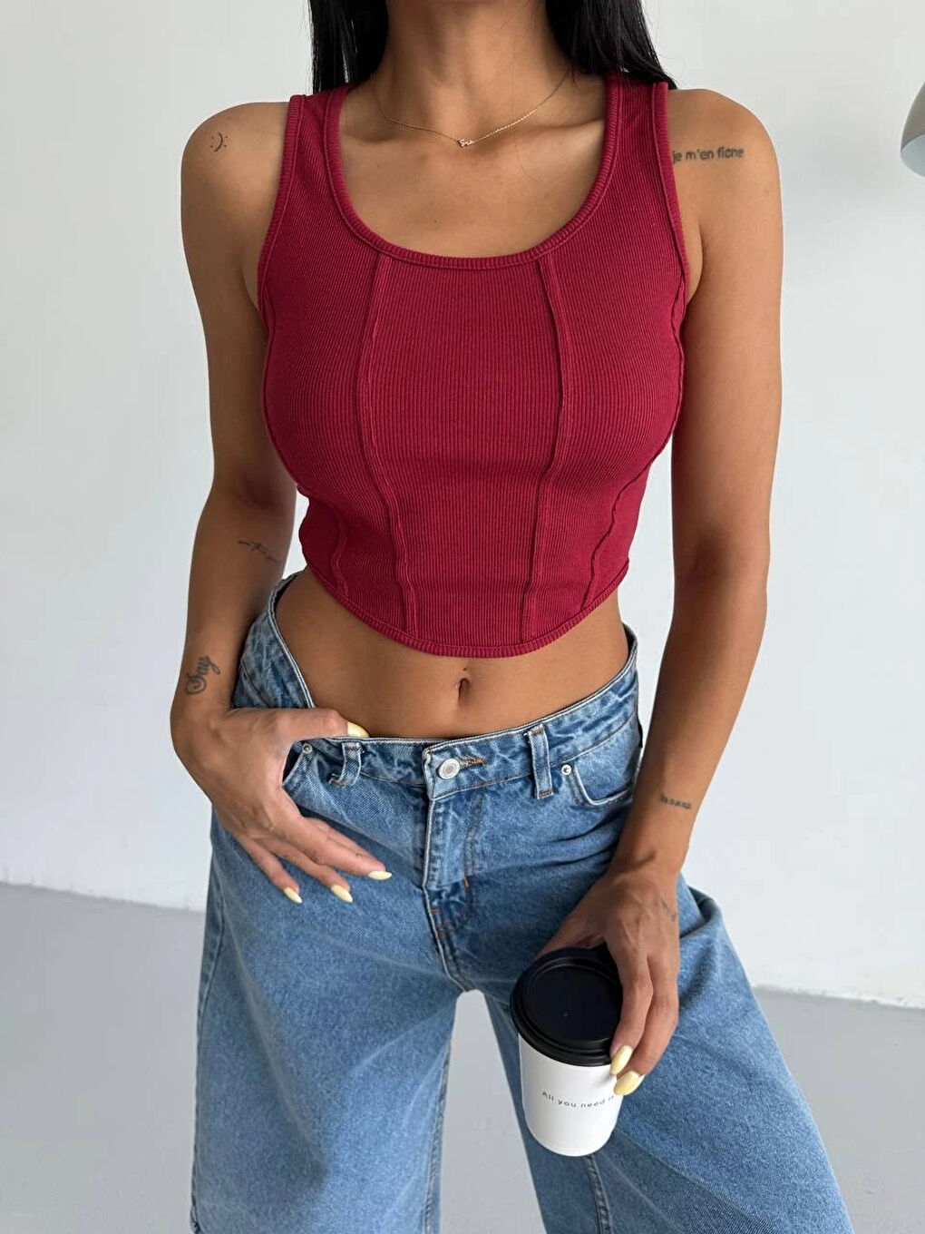Kadın Bordo Kaşkorse Crop Bluz-3