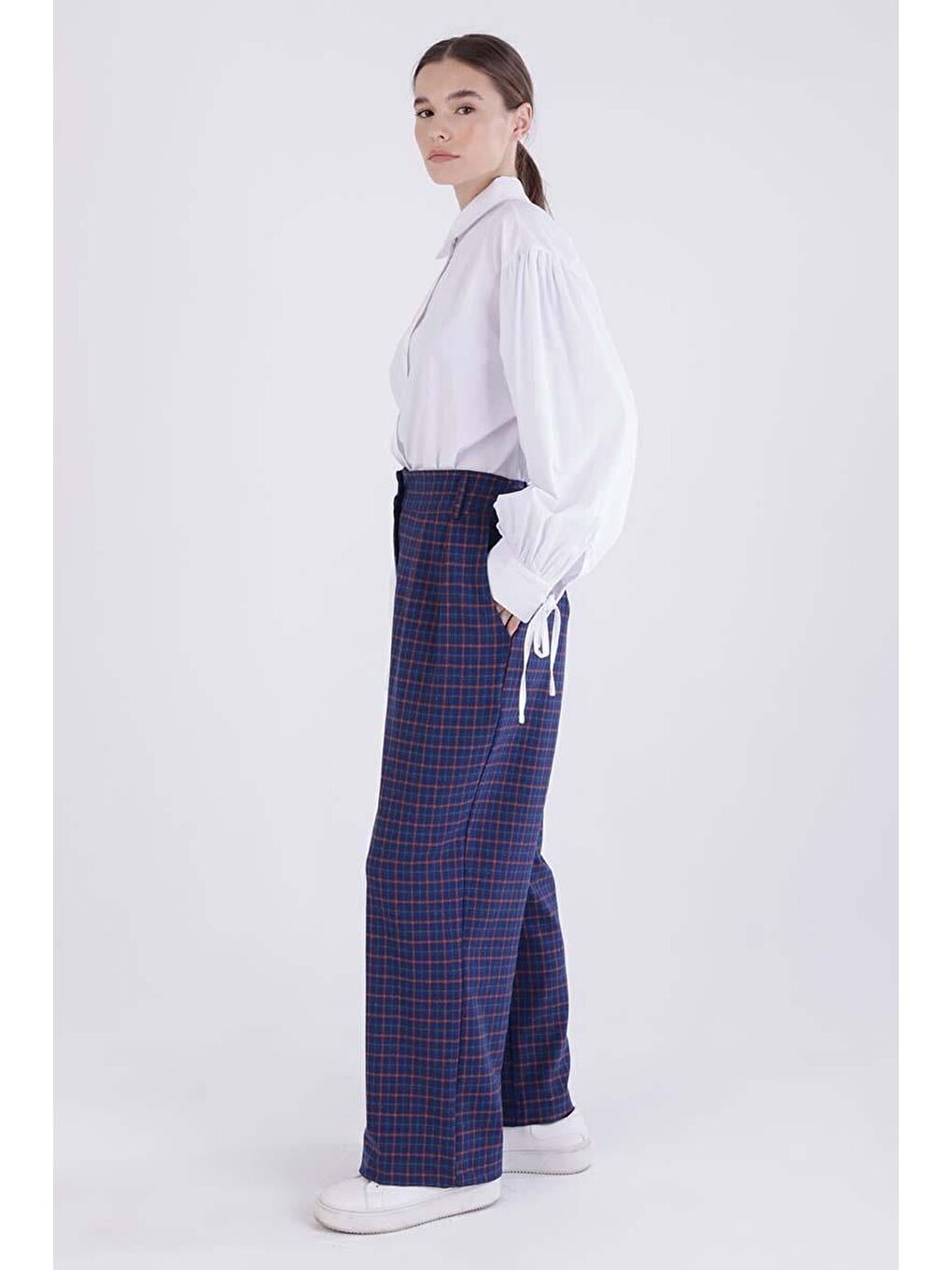 Lacivert-Turuncu-Pileli Ekose Desenli Palazzo Pantolon-2