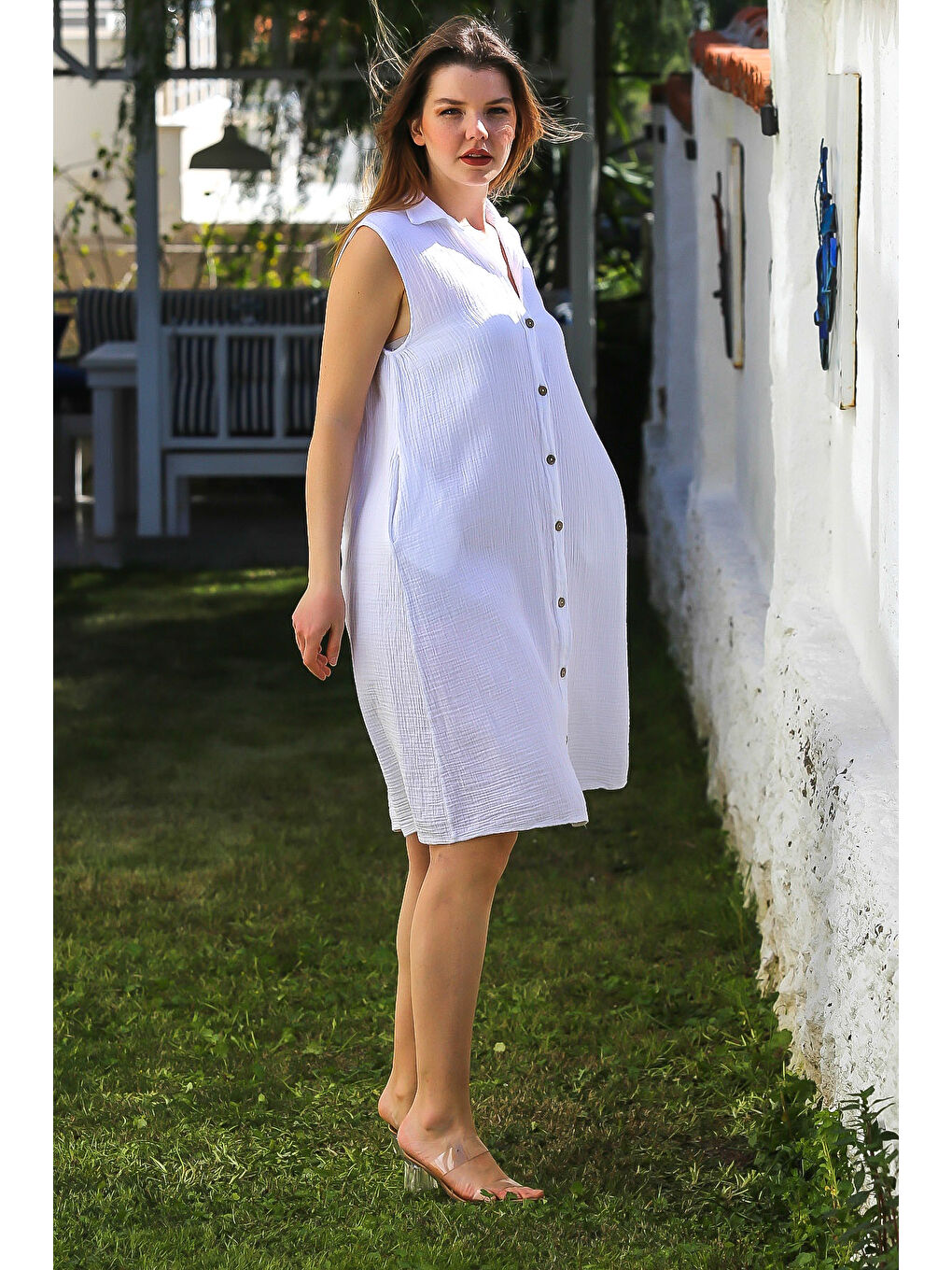 Beyaz Gömlek Yaka Kolsuz Düğmeli Cepli Yıkamalı Casual Müslin Dokuma Elbise 105 60-5