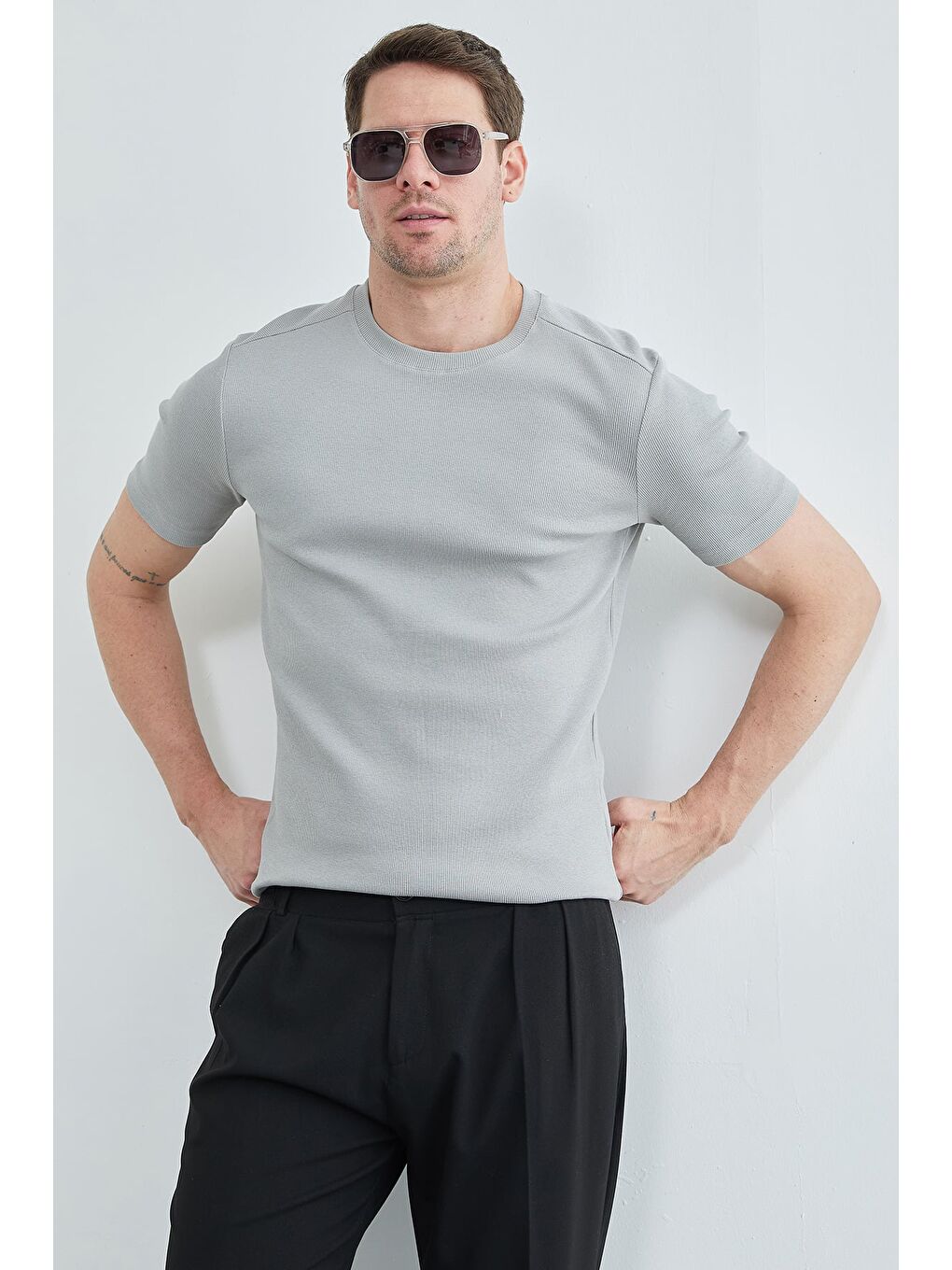 Gri Basic Fitilli Bisiklet Yaka Tişört-1