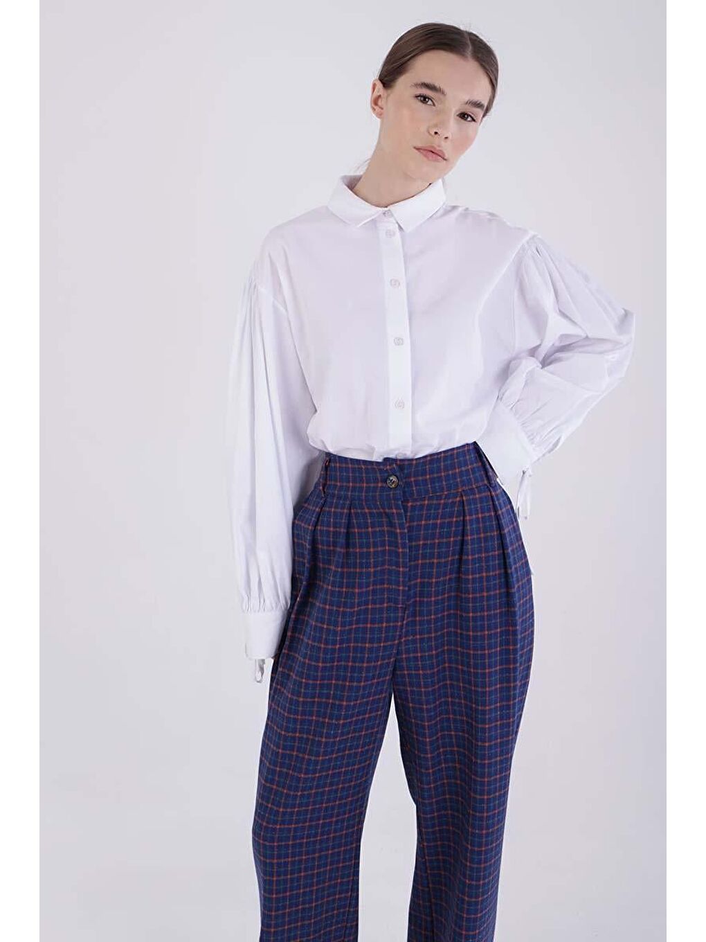 Lacivert-Turuncu-Pileli Ekose Desenli Palazzo Pantolon-5