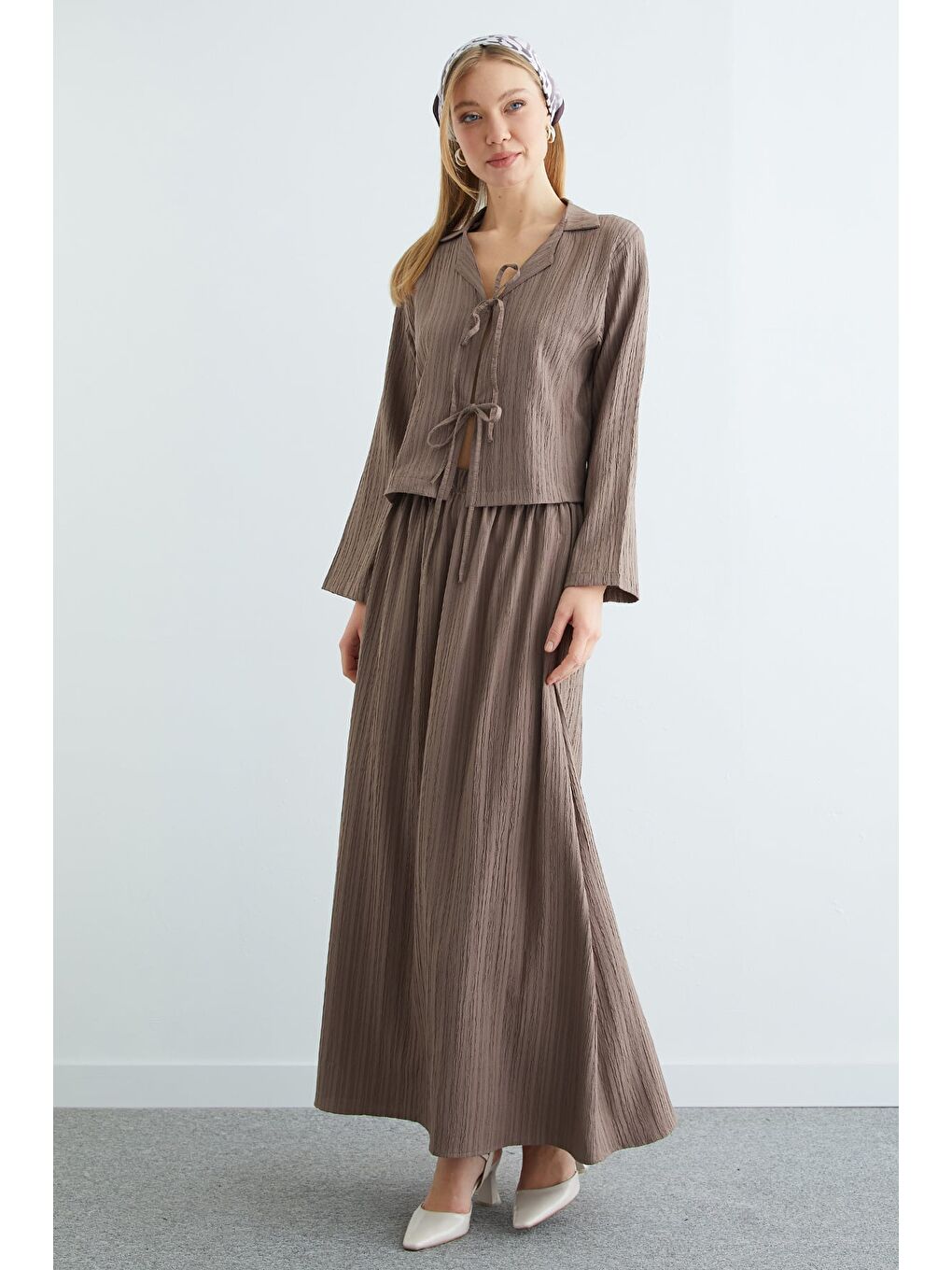 Bej Önü Bağlamalı Beli Lastikli Etekli 2 Li Takım-3