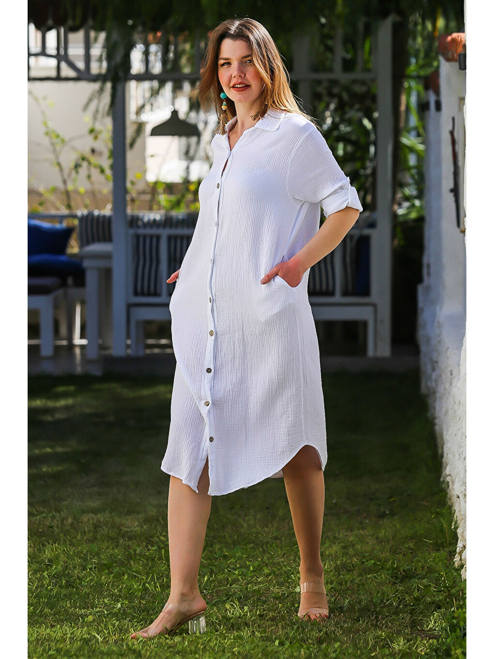 Beyaz Gömlek Yaka Düğmeli Uzun Kollu Cepli Yıkamalı Casual Müslin Dokuma Elbise 118 62