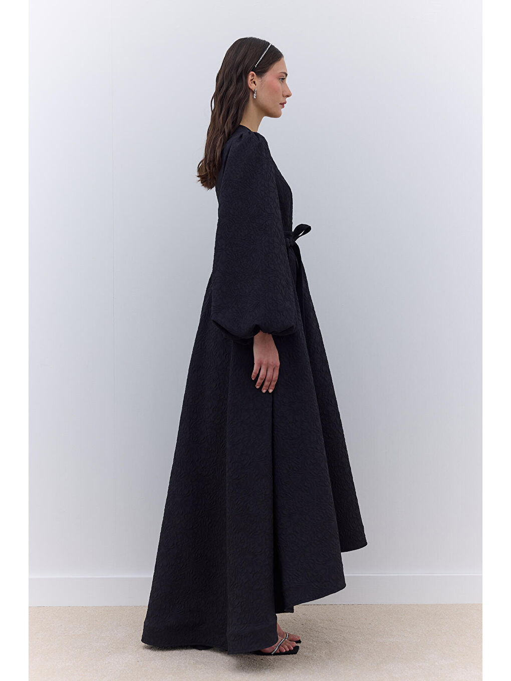 Jakarlı Kuyruklu Abiye Elbise Siyah-4