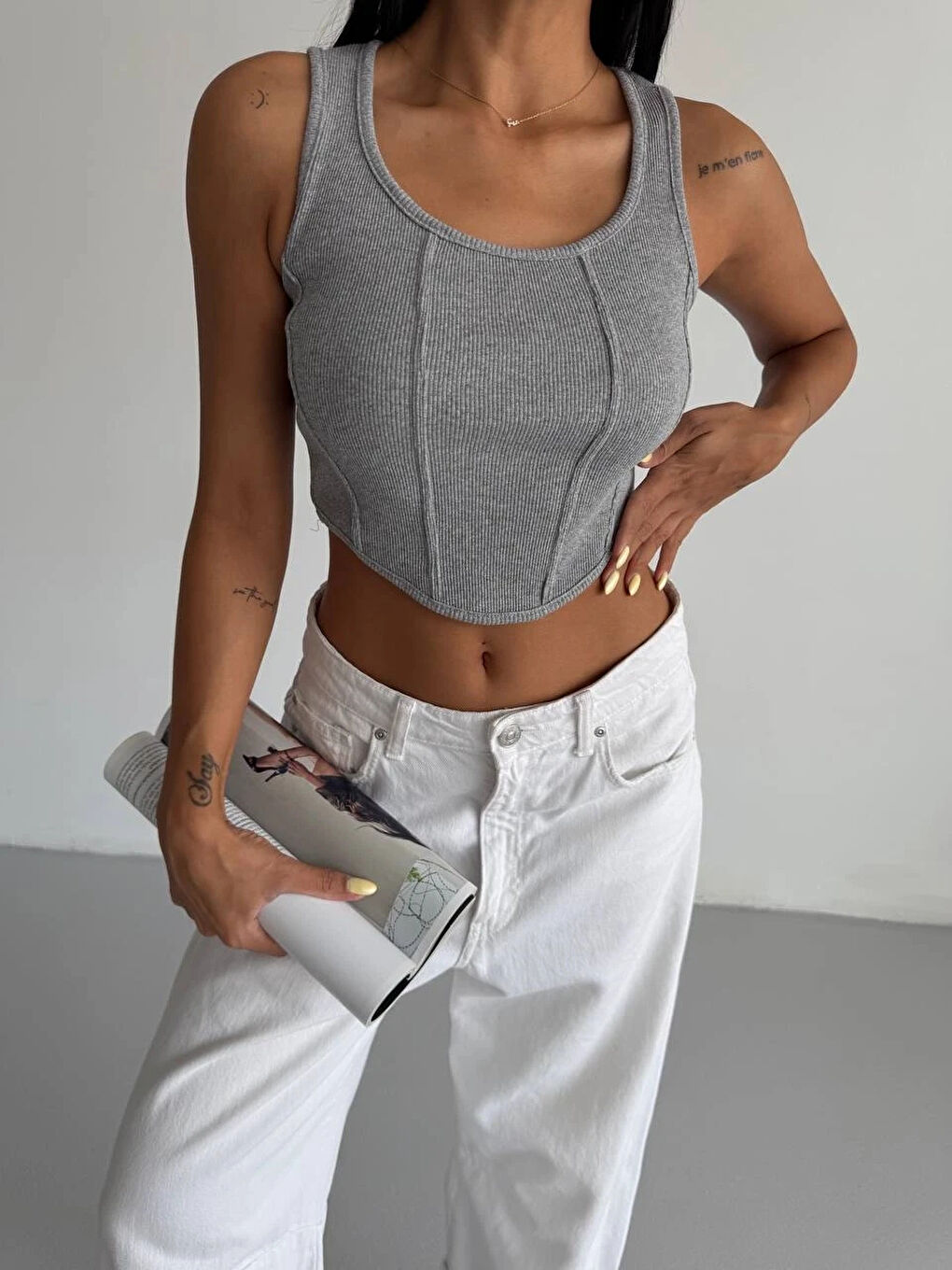 Kadın Gri Kaşkorse Crop Bluz-2