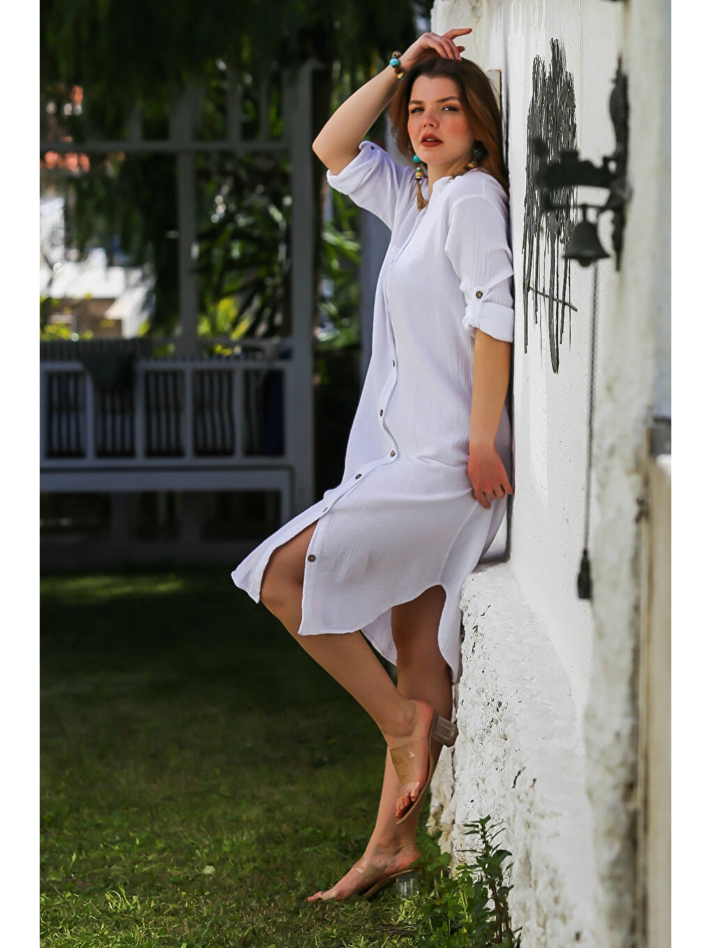 Beyaz Gömlek Yaka Düğmeli Uzun Kollu Cepli Yıkamalı Casual Müslin Dokuma Elbise 118 62-1