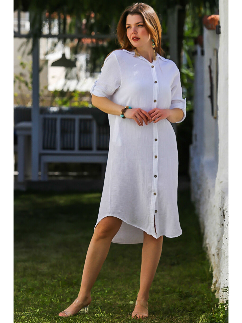 Beyaz Gömlek Yaka Düğmeli Uzun Kollu Cepli Yıkamalı Casual Müslin Dokuma Elbise 118 62-2
