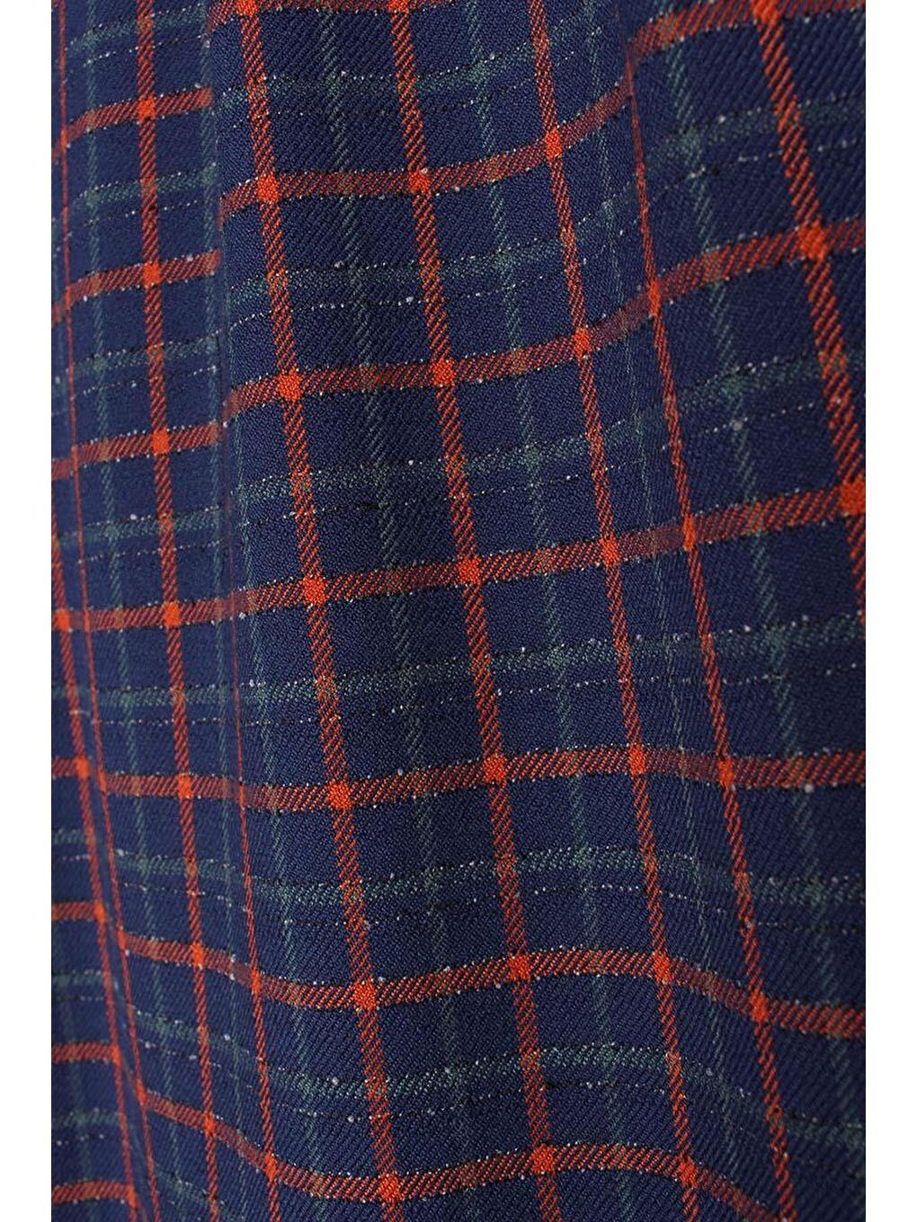 Lacivert-Turuncu-Pileli Ekose Desenli Palazzo Pantolon-8