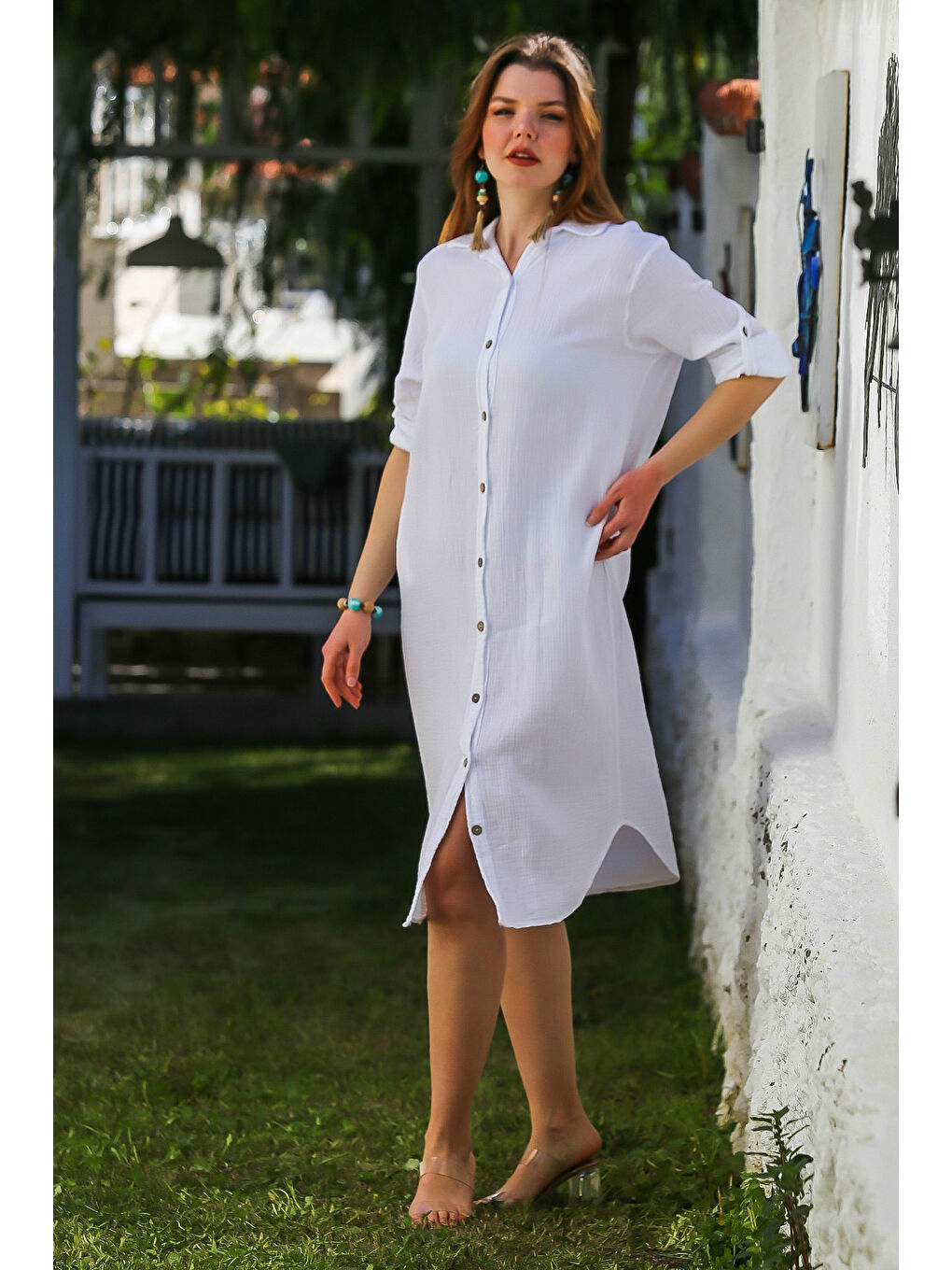 Beyaz Gömlek Yaka Düğmeli Uzun Kollu Cepli Yıkamalı Casual Müslin Dokuma Elbise 118 62-3