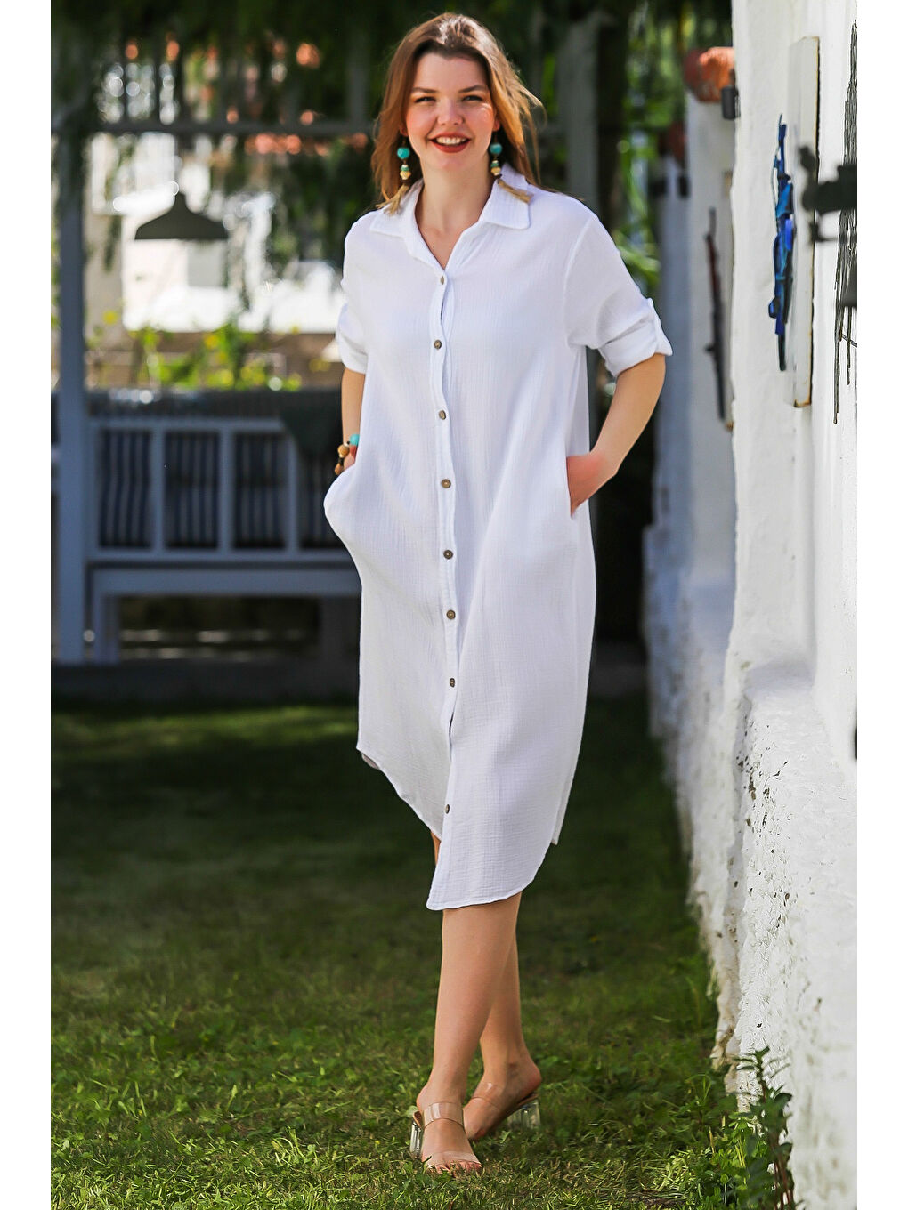 Beyaz Gömlek Yaka Düğmeli Uzun Kollu Cepli Yıkamalı Casual Müslin Dokuma Elbise 118 62-4
