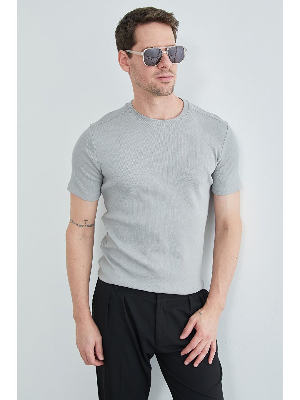 Gri Basic Fitilli Bisiklet Yaka Tişört-2