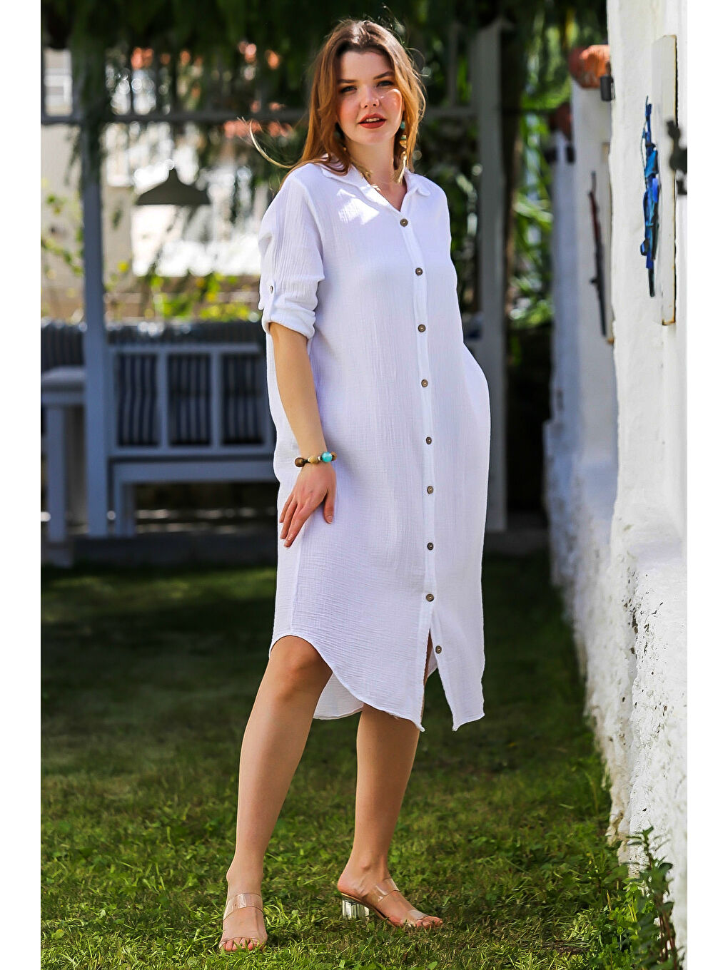 Beyaz Gömlek Yaka Düğmeli Uzun Kollu Cepli Yıkamalı Casual Müslin Dokuma Elbise 118 62-6