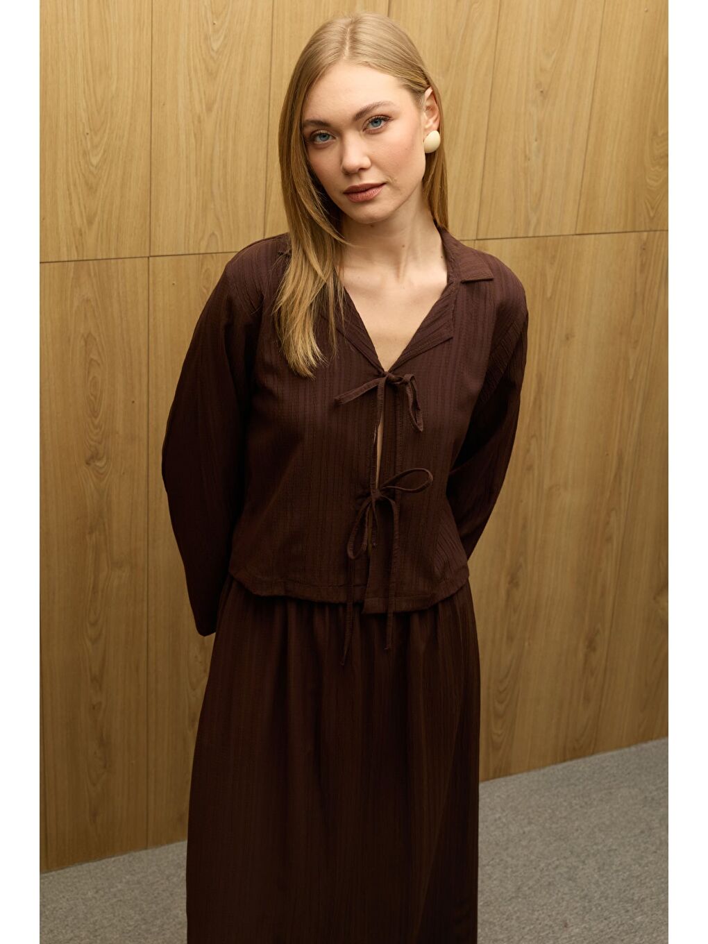 Kahverengi Önü Bağlamalı Beli Lastikli Etekli 2 Li Takım-1