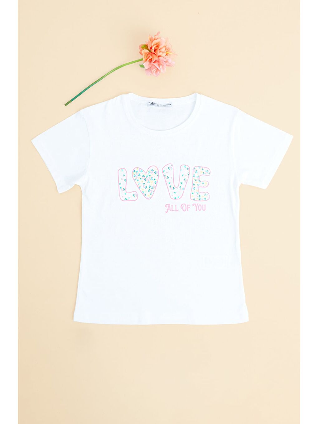 Ekru Çiçekli Love Yazı Baskılı Kız Çocuk Tişört-1