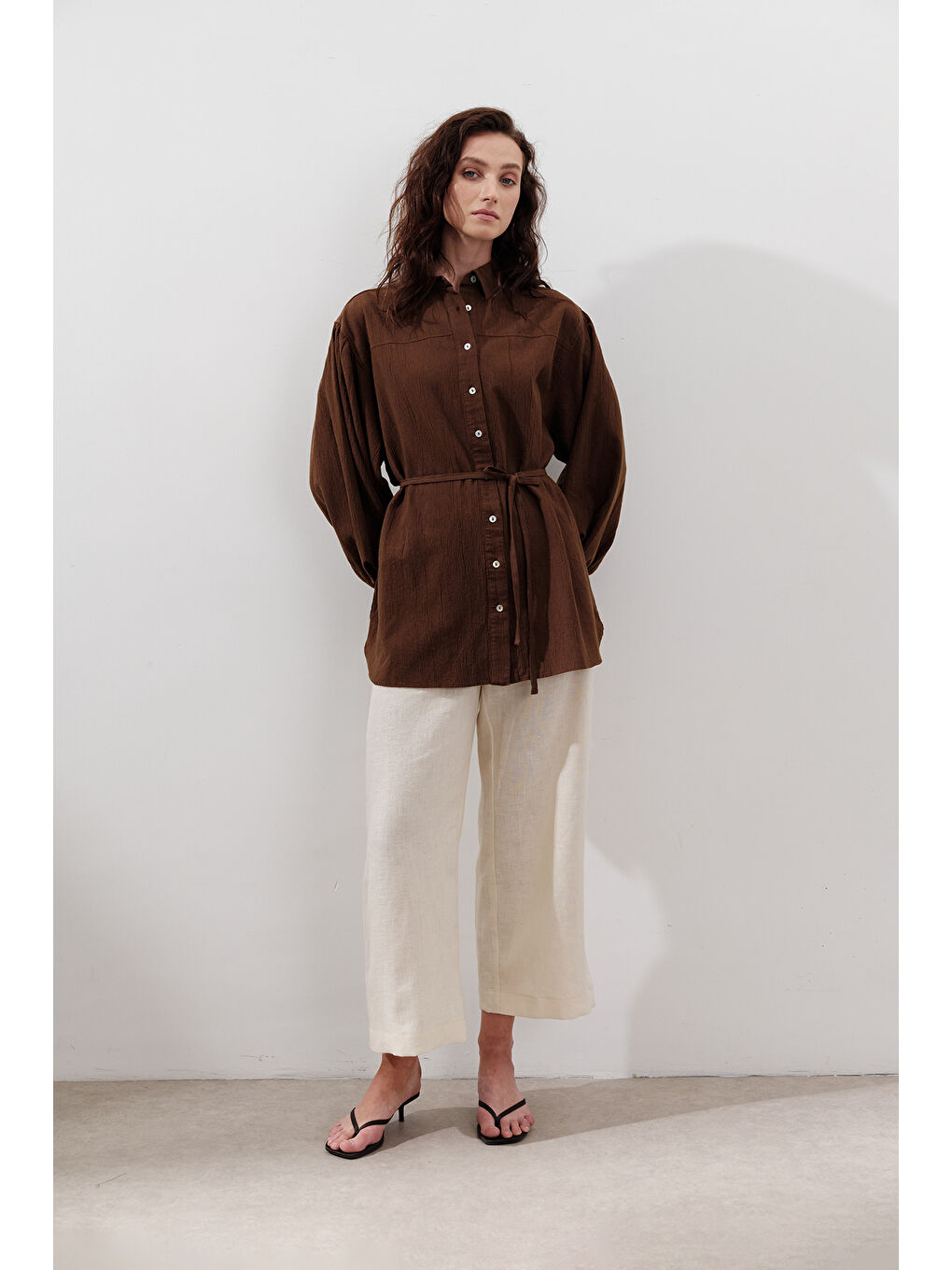 Pamuklu Balon Kol Gömlek Kahverengi-2