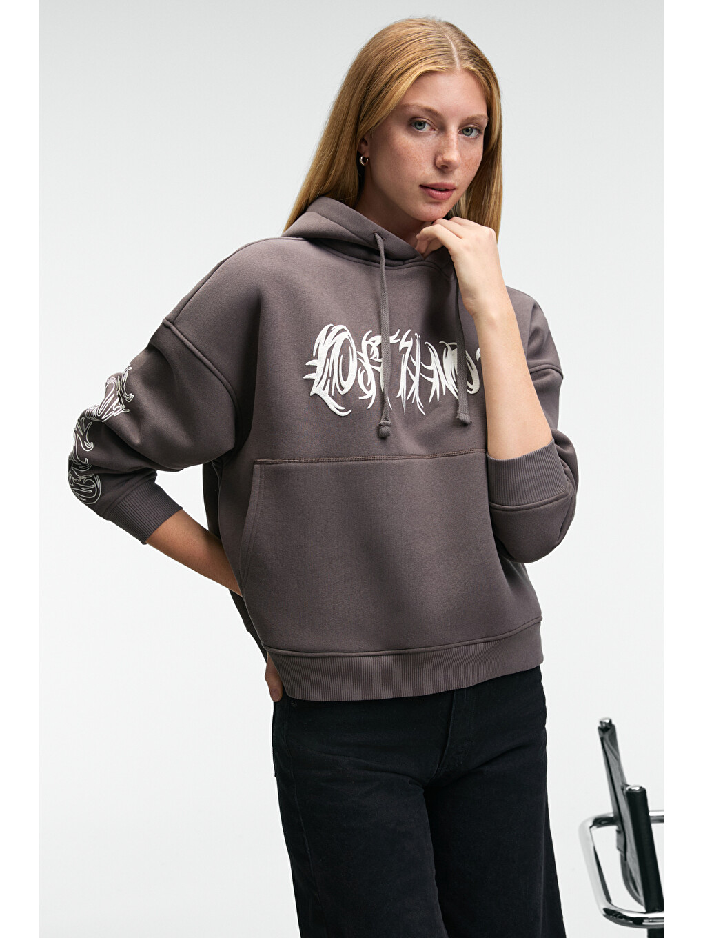 Alırayne Kadın Baskılı Oversize Kapüşonlu Kanguru Cep Antrasit Sweatshirt-2