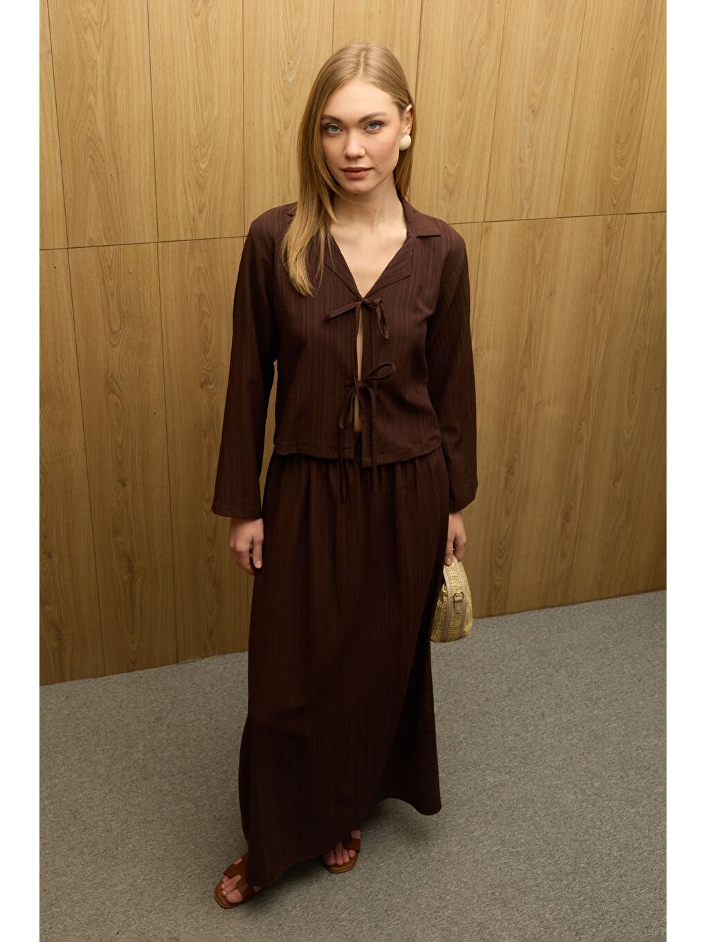 Kahverengi Önü Bağlamalı Beli Lastikli Etekli 2 Li Takım-2