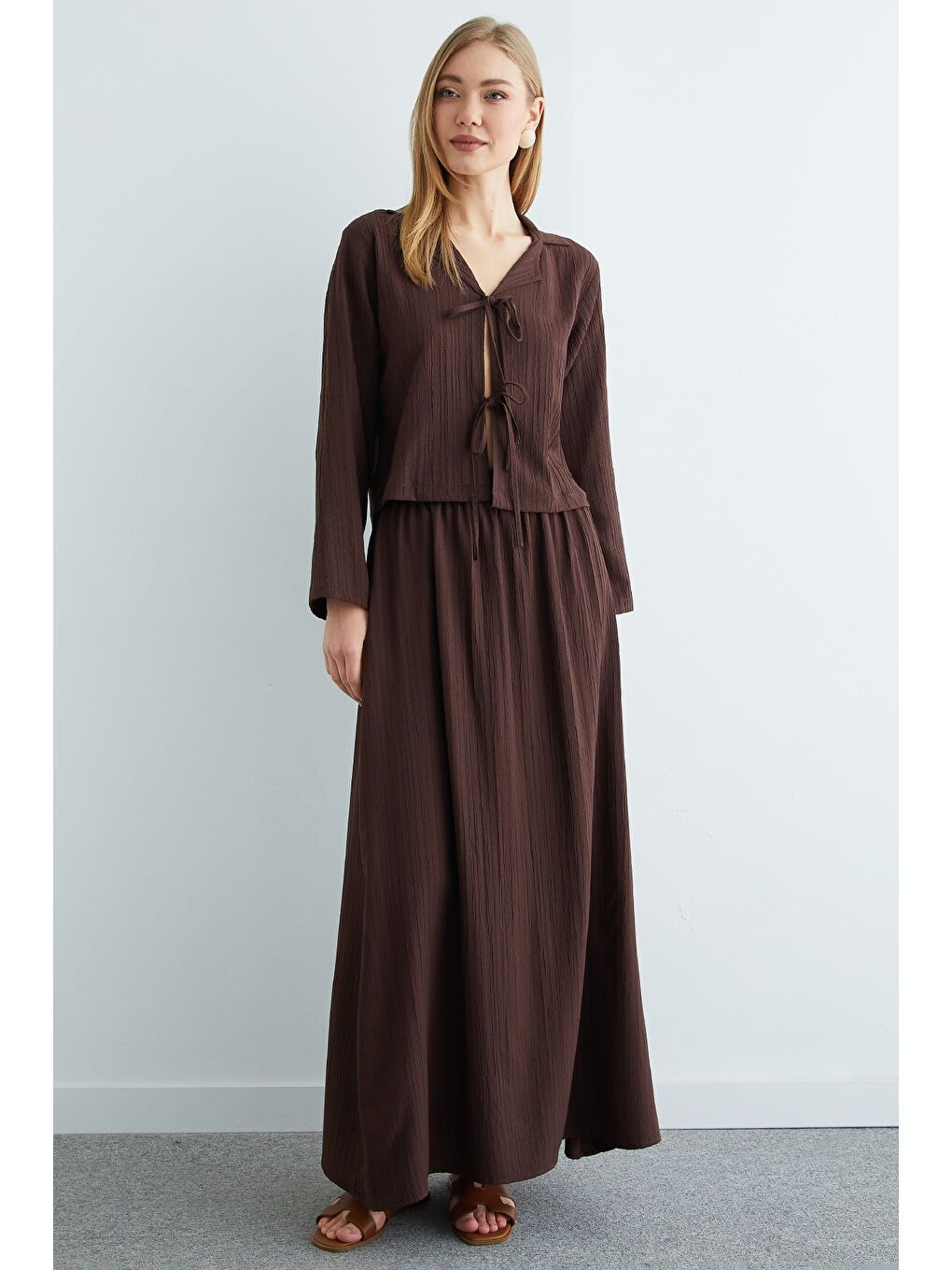 Kahverengi Önü Bağlamalı Beli Lastikli Etekli 2 Li Takım-3