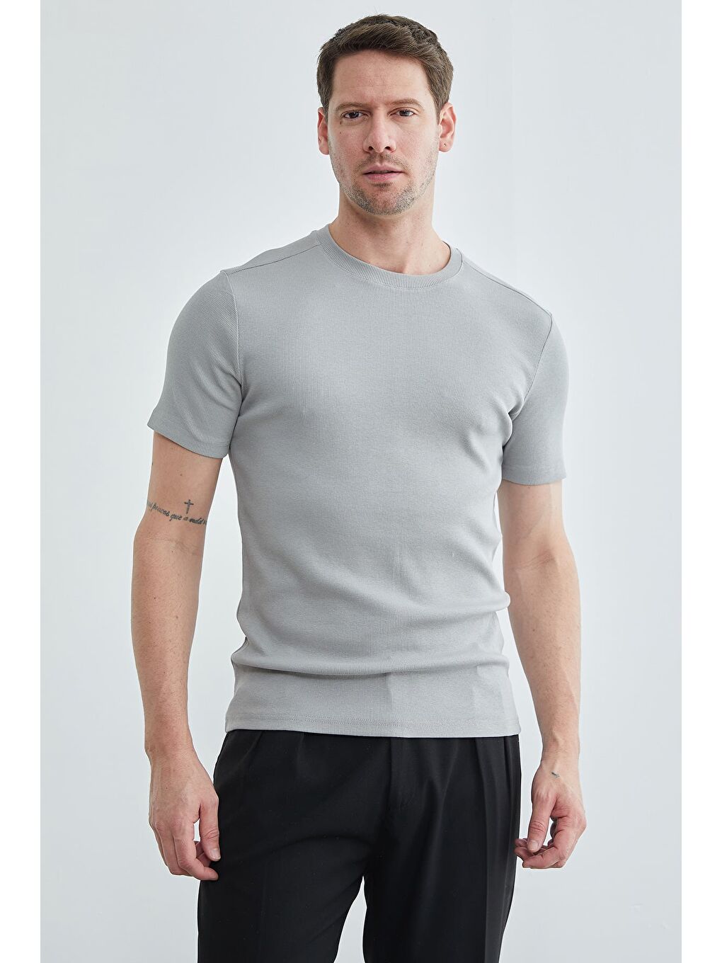 Gri Basic Fitilli Bisiklet Yaka Tişört-3