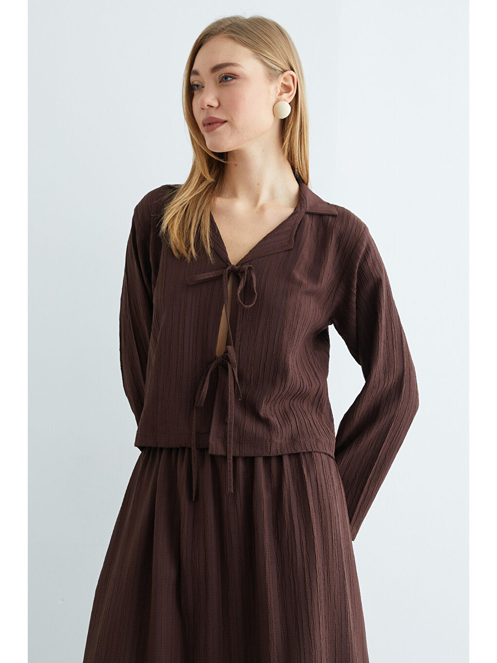 Kahverengi Önü Bağlamalı Beli Lastikli Etekli 2 Li Takım-4