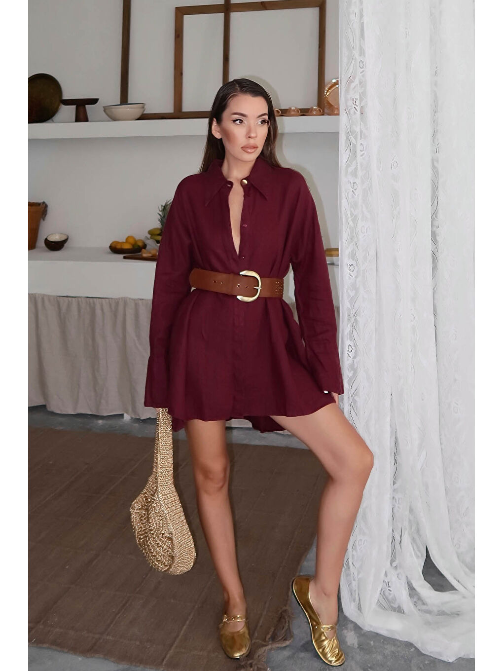 Bordo Asimetrik Kesim Oversize Keten Gömlek 6YXK2-49101-05