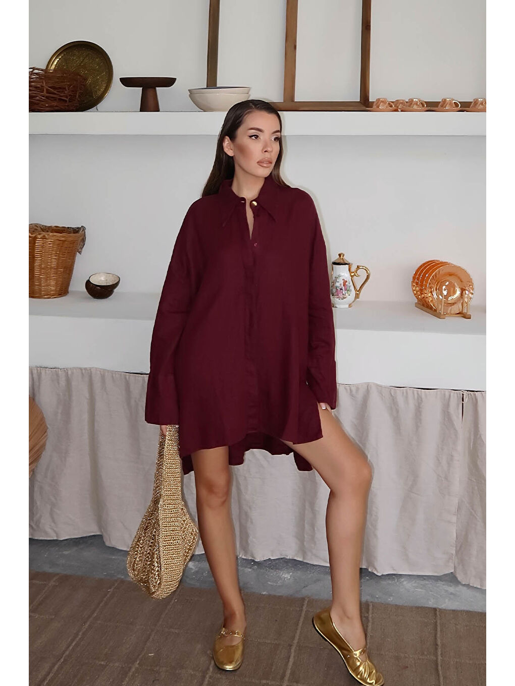 Bordo Asimetrik Kesim Oversize Keten Gömlek 6YXK2-49101-05-1