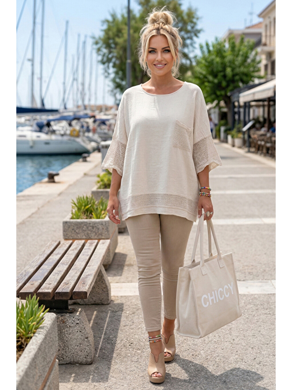Bej Bisiklet Yaka 3/4 Kol, Kol Ve Etek Ucu File Detaylı Casual Müslin Oversize Dokuma Bluz 60 65-3