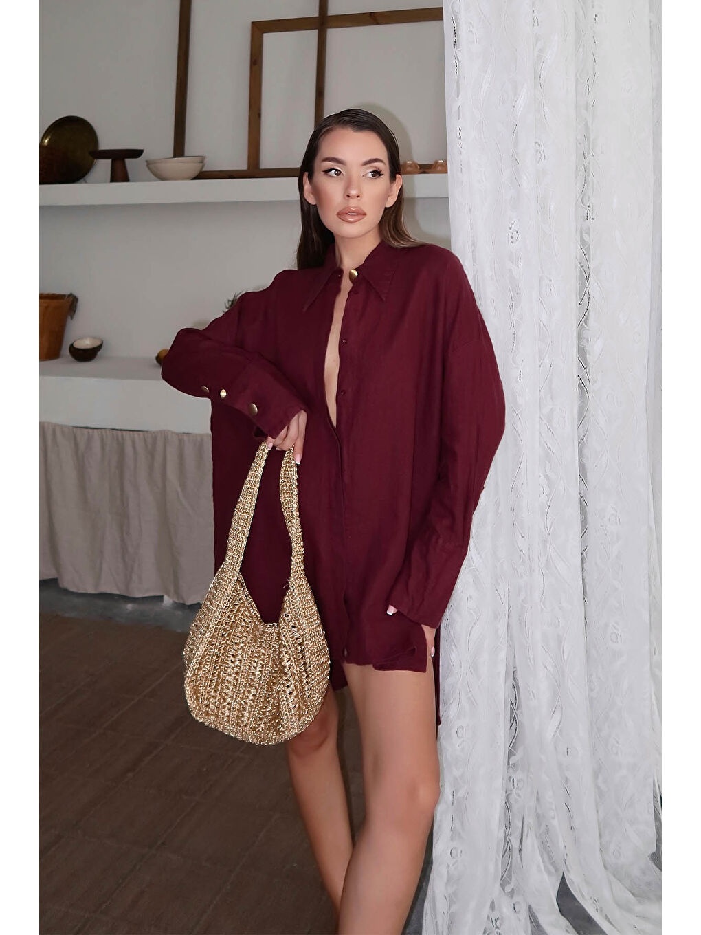 Bordo Asimetrik Kesim Oversize Keten Gömlek 6YXK2-49101-05-3