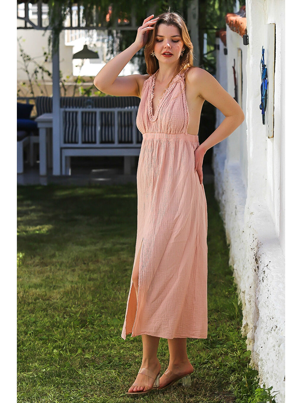 Pembe Pudra V Yaka Askılı Yırtmaçlı Yıkamalı Ve Pis Dikişli Casual Müslin Uzun Dokuma Elbise 135 60-3