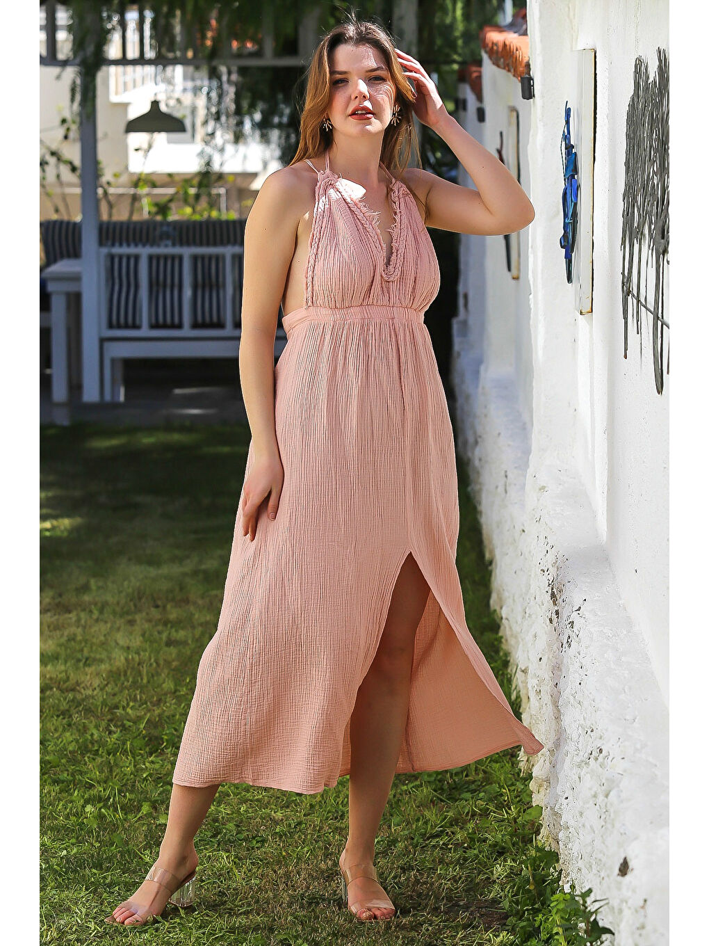 Pembe Pudra V Yaka Askılı Yırtmaçlı Yıkamalı Ve Pis Dikişli Casual Müslin Uzun Dokuma Elbise 135 60-4