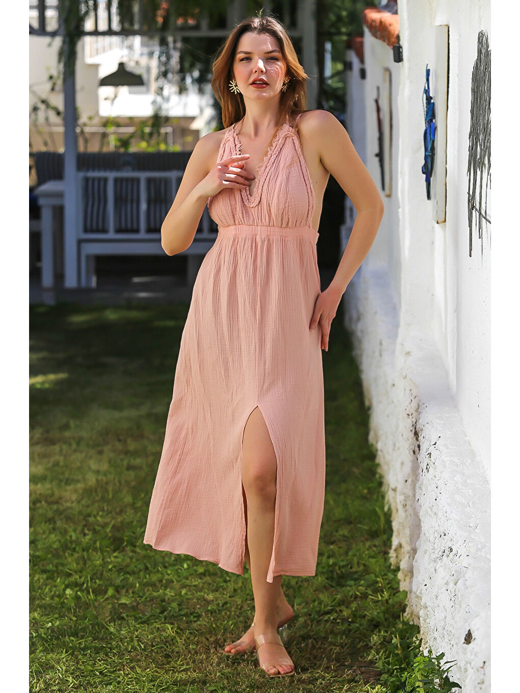 Pembe Pudra V Yaka Askılı Yırtmaçlı Yıkamalı Ve Pis Dikişli Casual Müslin Uzun Dokuma Elbise 135 60-5