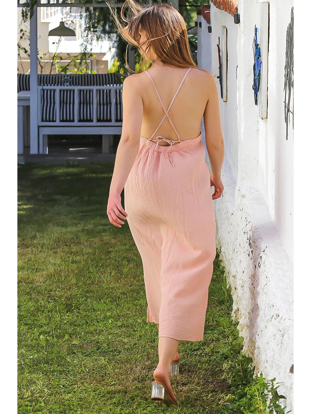 Pembe Pudra V Yaka Askılı Yırtmaçlı Yıkamalı Ve Pis Dikişli Casual Müslin Uzun Dokuma Elbise 135 60-6