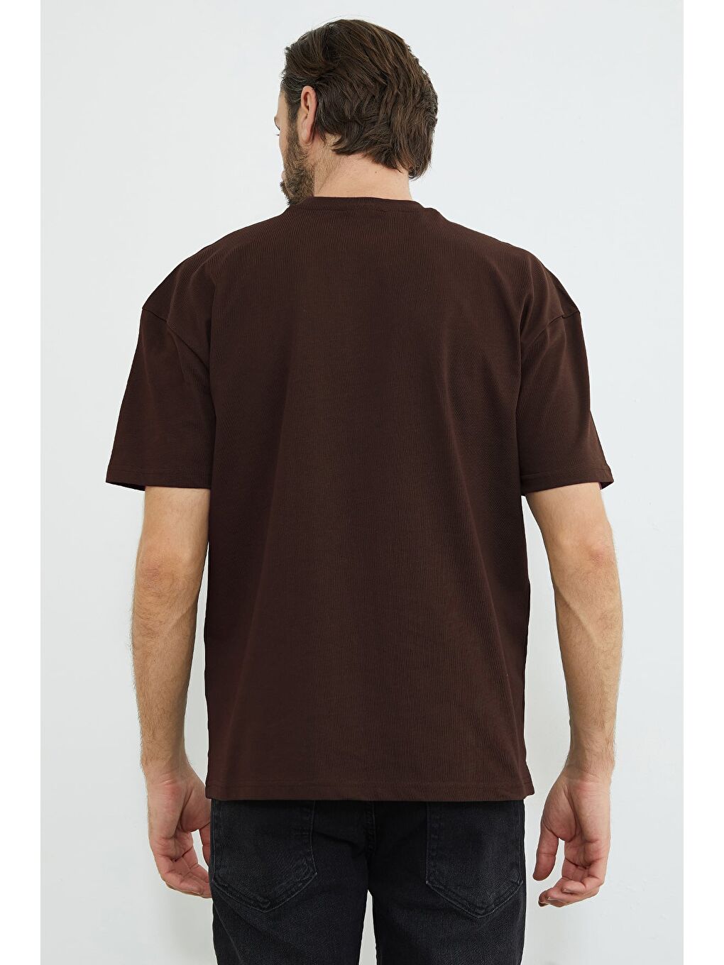 Kahverengi Basic Bisiklet Yaka Oversize Tişört-2