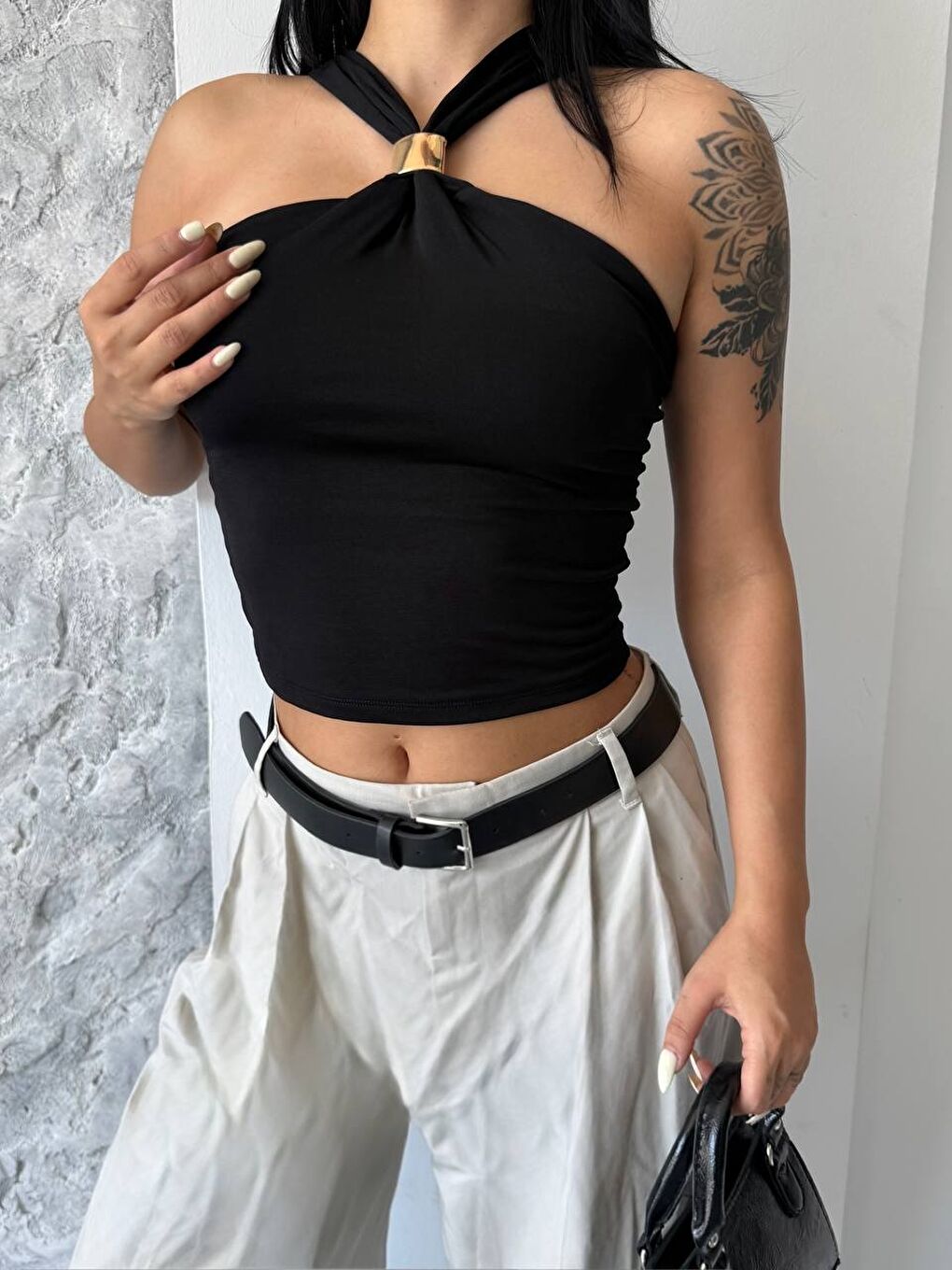 Siyah Sandy Kumaş Yaka Detay Bluz-2