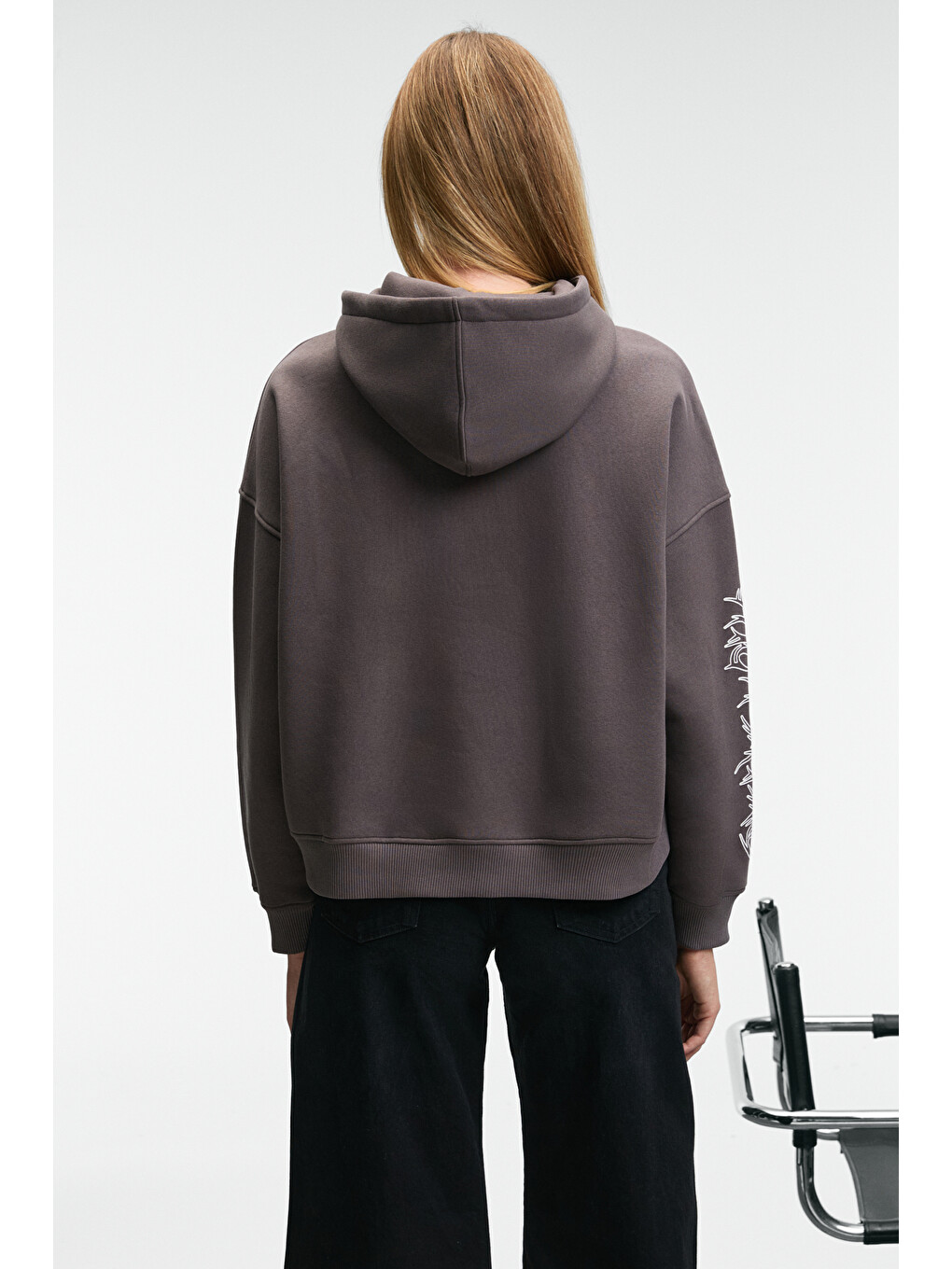 Alırayne Kadın Baskılı Oversize Kapüşonlu Kanguru Cep Antrasit Sweatshirt-4