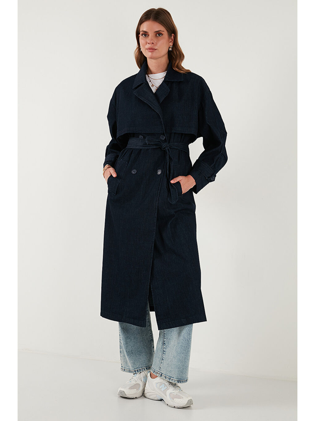 Lacivert Pamuklu Oversize Kruvaze Yaka Düğmeli Kuşaklı Trençkot 6830094-1