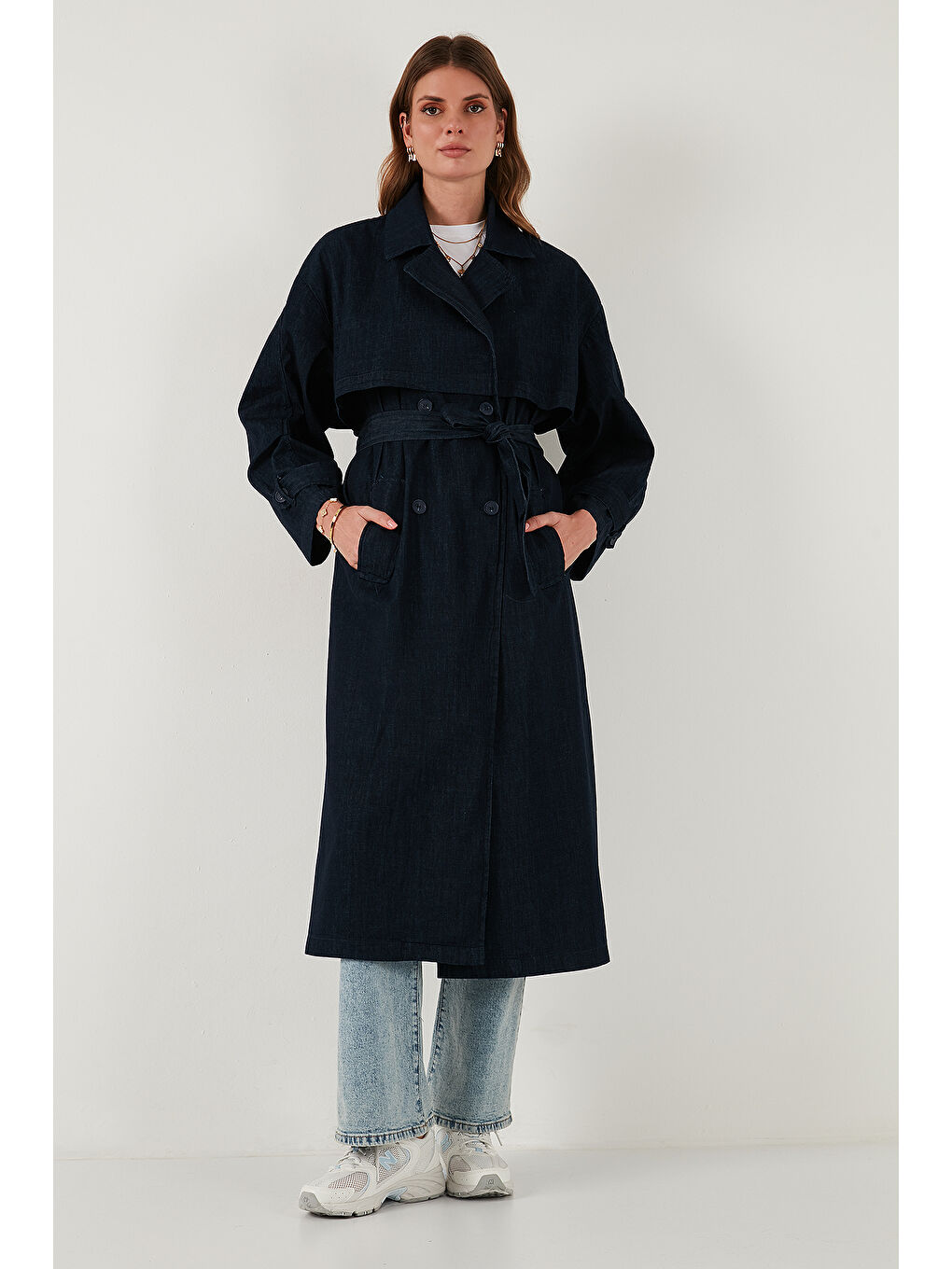 Lacivert Pamuklu Oversize Kruvaze Yaka Düğmeli Kuşaklı Trençkot 6830094-2