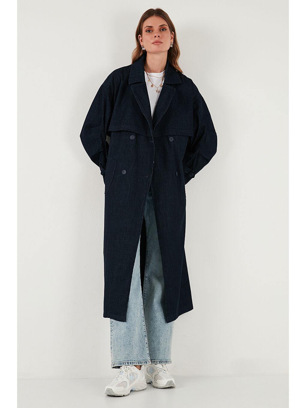 Lacivert Pamuklu Oversize Kruvaze Yaka Düğmeli Kuşaklı Trençkot 6830094-3