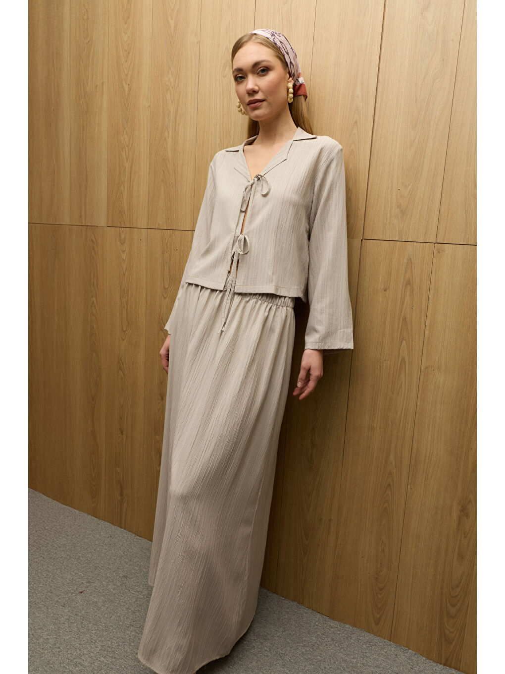 Bej Önü Bağlamalı Beli Lastikli Etekli 2 Li Takım