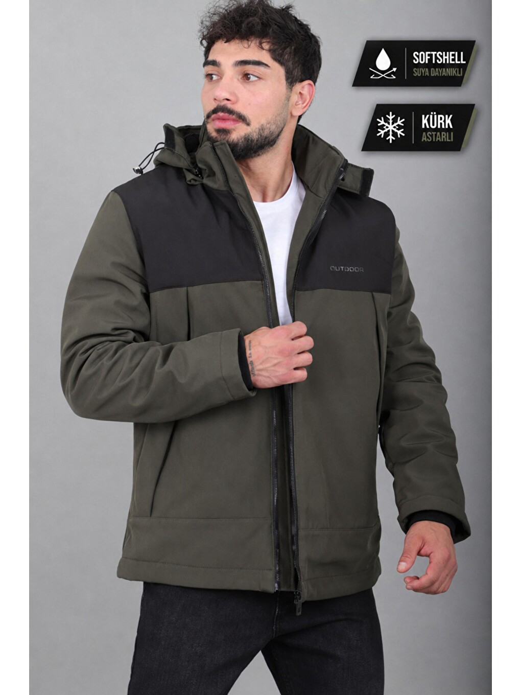 Haki Parçalı İçi Kürklü Softsheel Kışlık Mont Kmd 889_50523